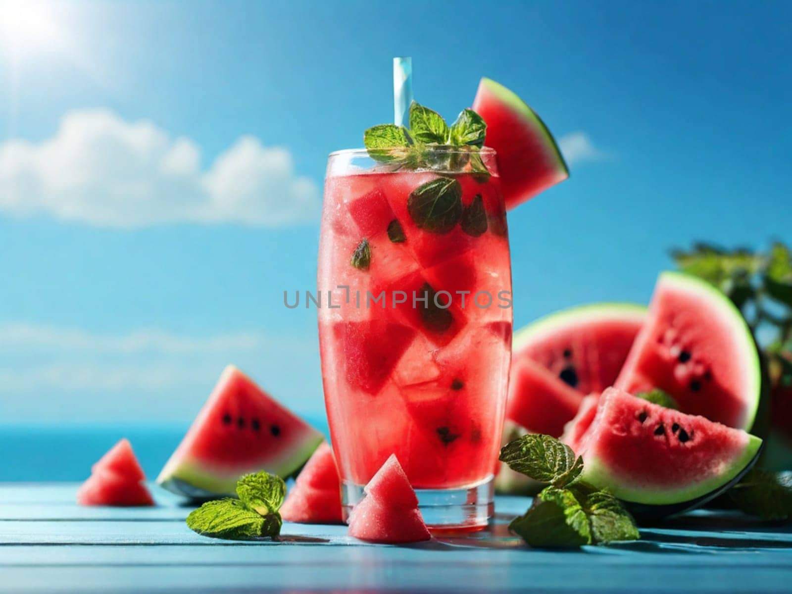 A cold summer cocktail, a watermelon margarita or mojito with watermelon and lime slices, crushed ice and mint. Seasonal refreshing drink against the blue sunny sky. by Ekaterina34