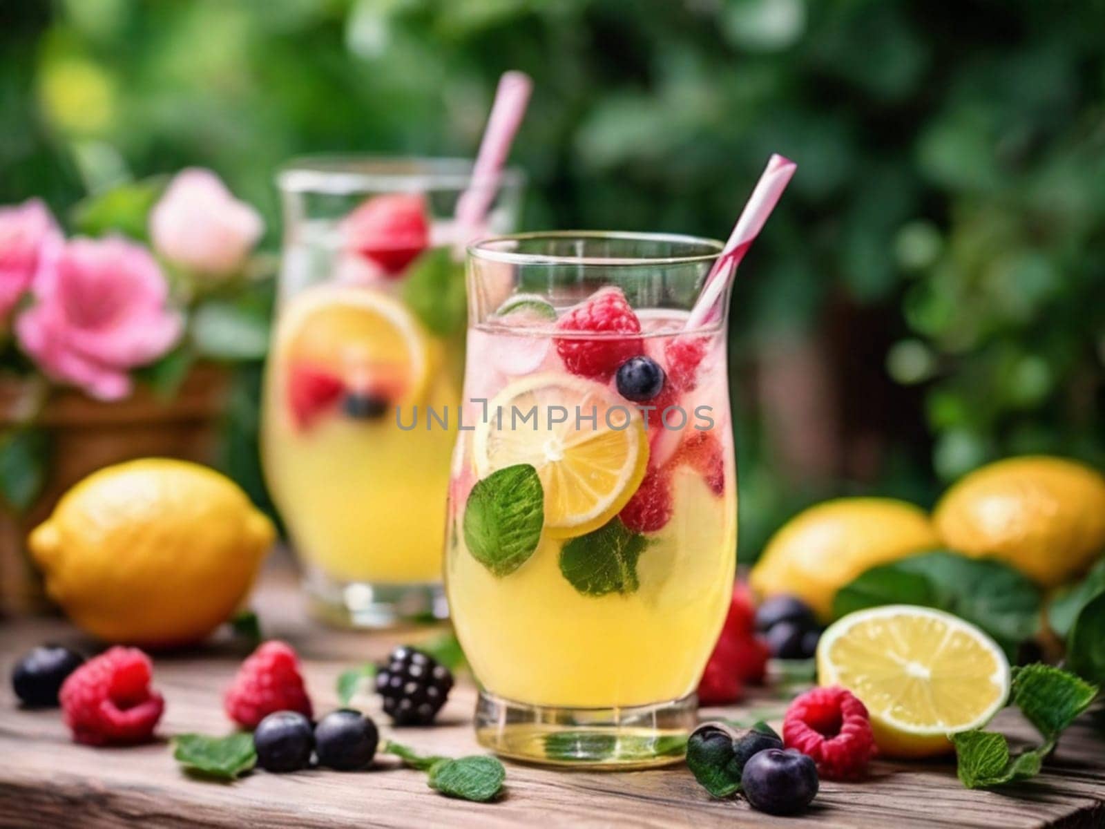 Spring or summer refreshing cold cocktail or cocktail with berries and lemon, raspberry lemonade on wooden floral background by Ekaterina34