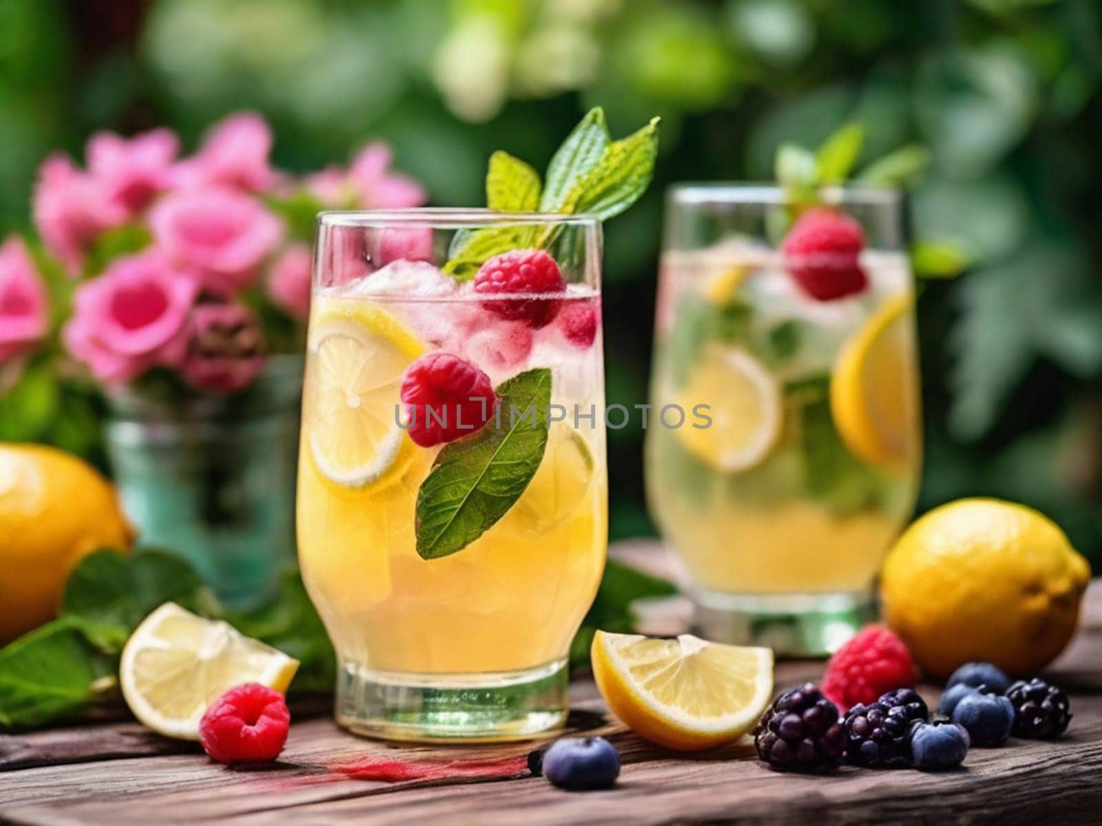 Spring or summer refreshing cold cocktail or cocktail with berries and lemon, raspberry lemonade on wooden floral background.