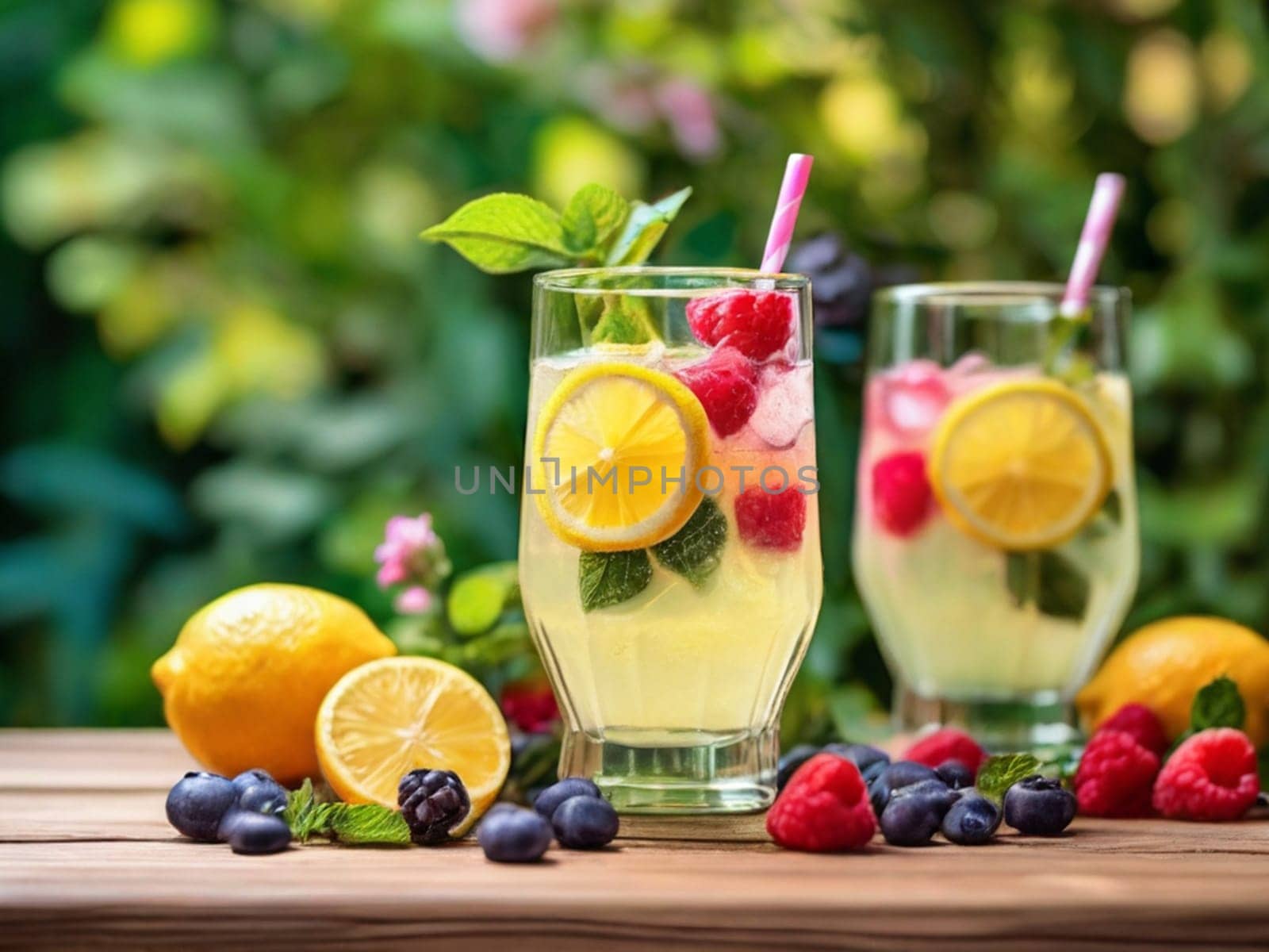Spring or summer refreshing cold cocktail or mocktail with berries and lemon, raspberry lemonade.