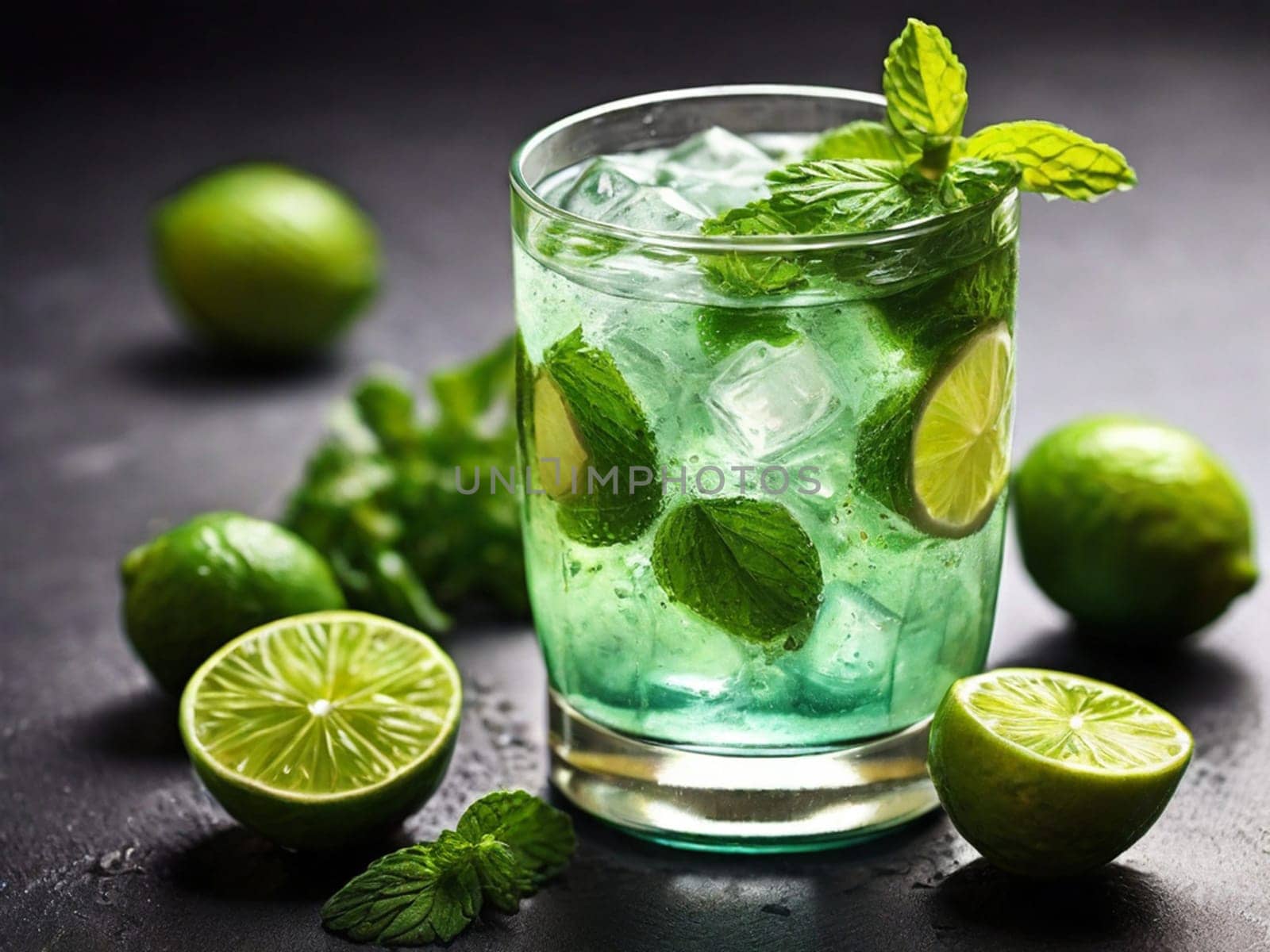 Fresh Mojito cocktail with lime, mint and ice in a glass glass on a dark background. Summer cold drink and cocktail. by Ekaterina34