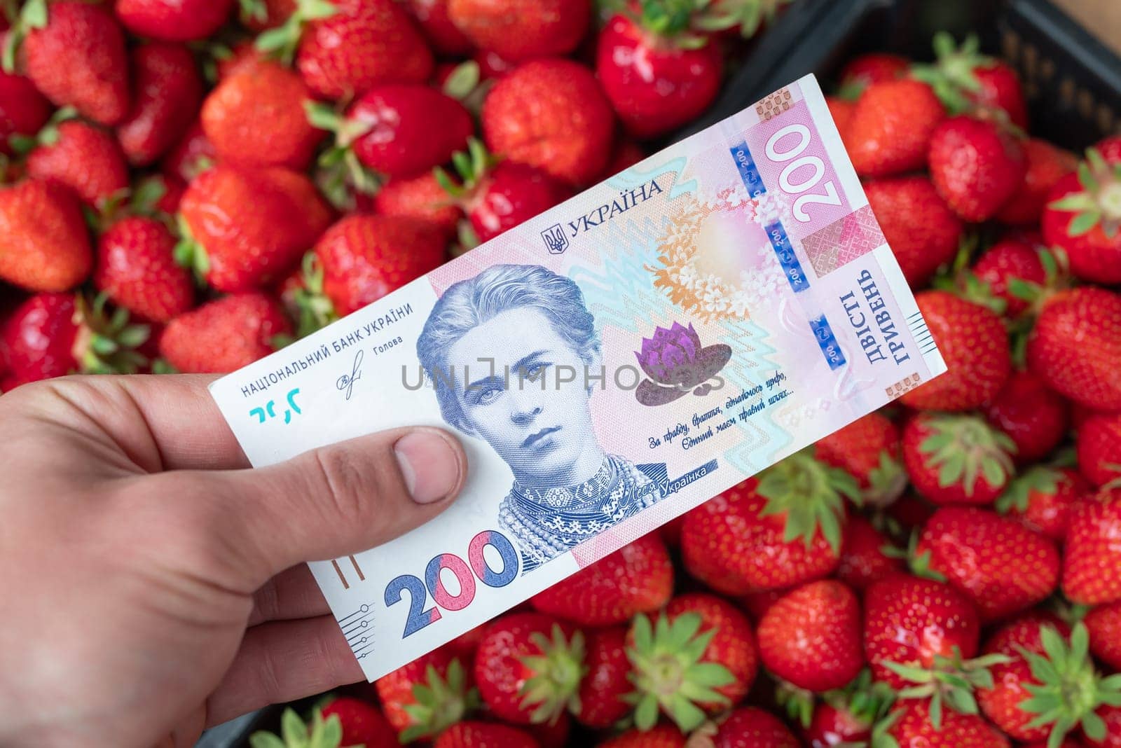 Giving 200 hryvnias banknote to a strawberry seller by VitaliiPetrushenko