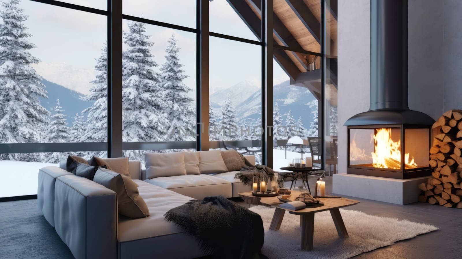 Cozy modern winter living room interior. Cozy house in the mountains.