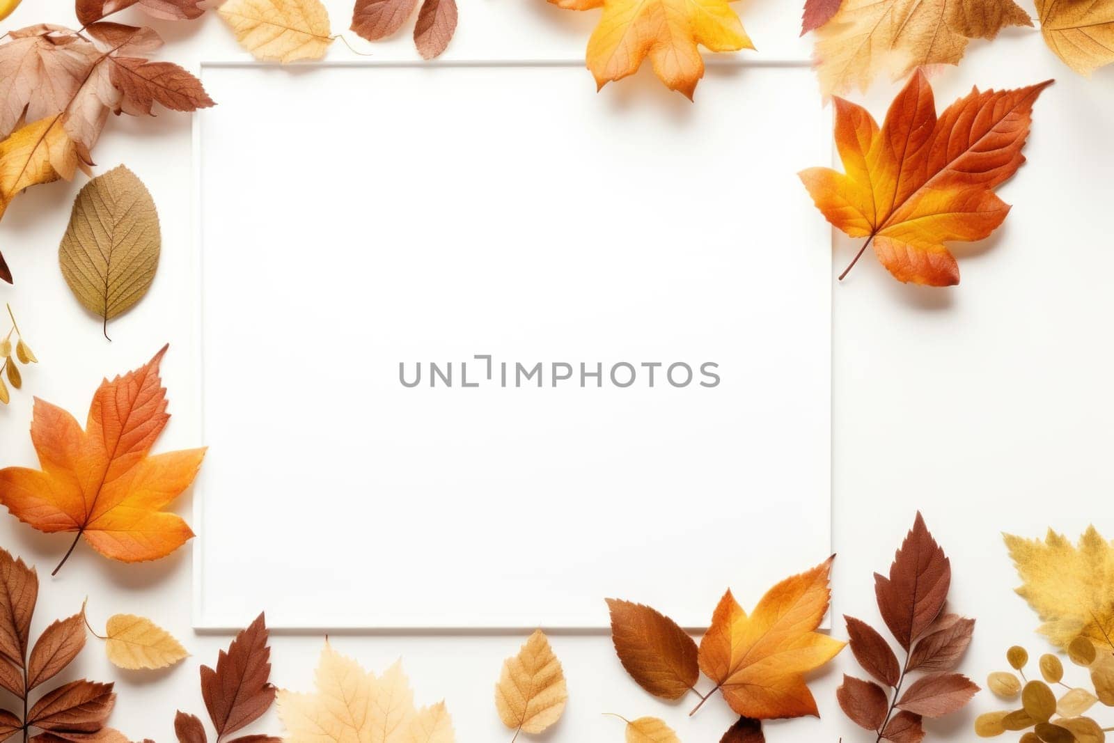 Autumn leaves on a white background With space for text. Generative AI by golfmerrymaker