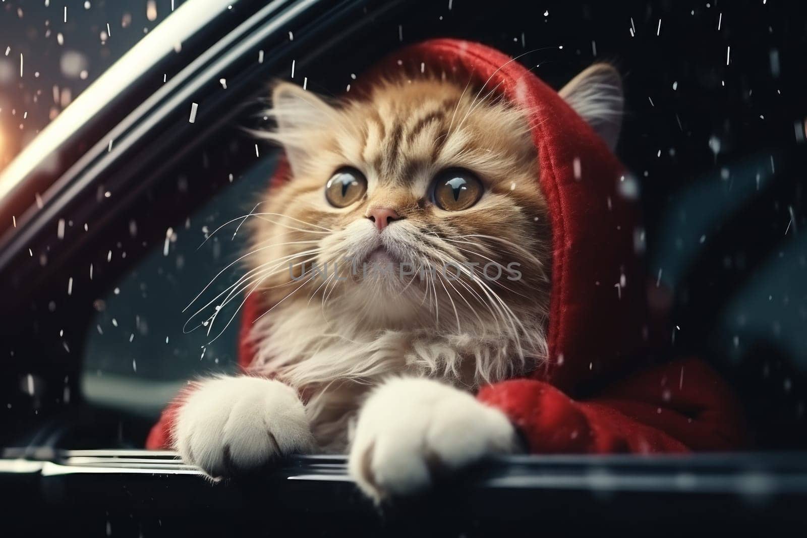 Cute cat in a Santa Claus costume Christmas blurred bokeh lights. Generative AI by golfmerrymaker