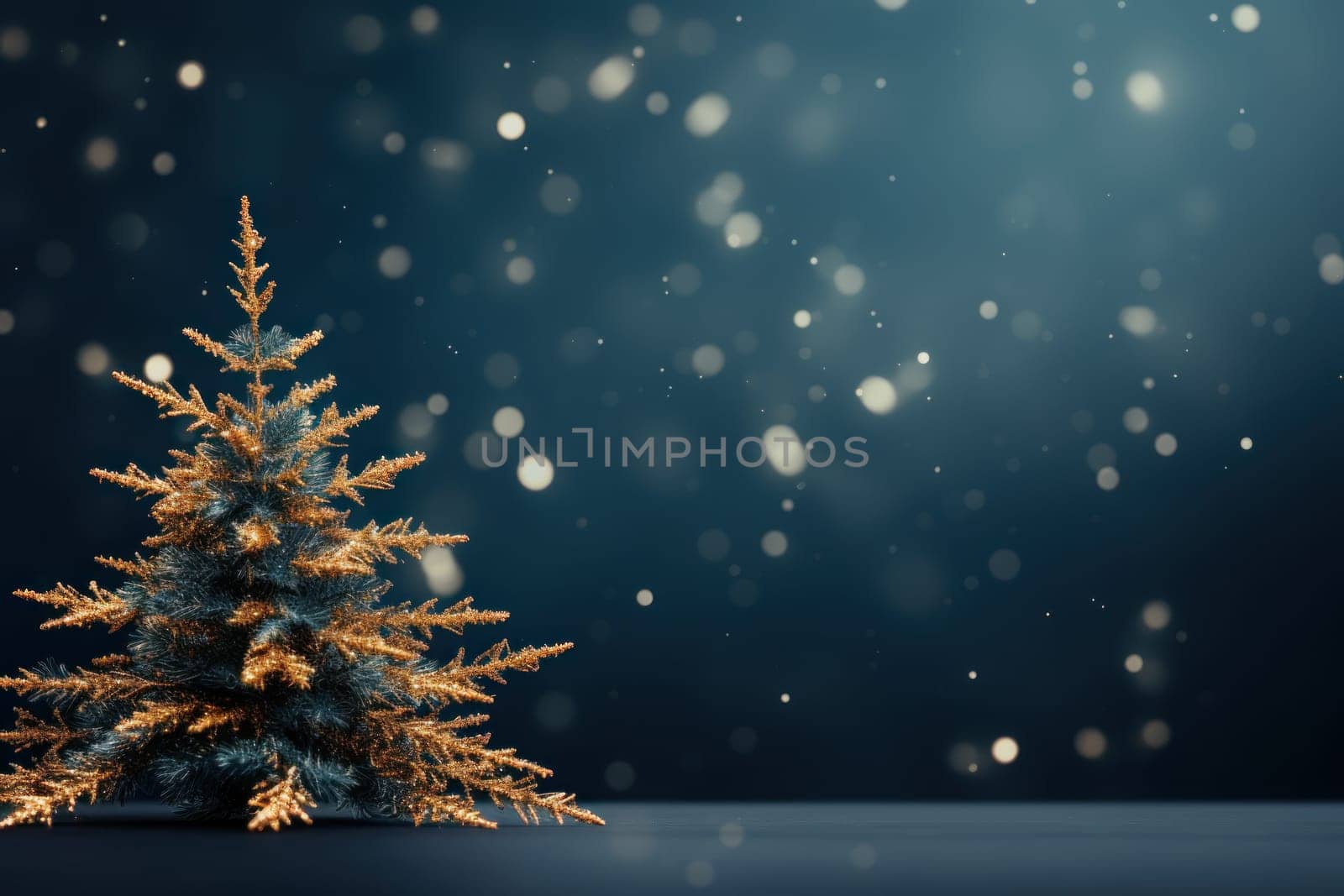 Christmas Tree In Ball Hanging Fir Branch With Golden Glittering On Blue Abstract Night. Generative AI by golfmerrymaker