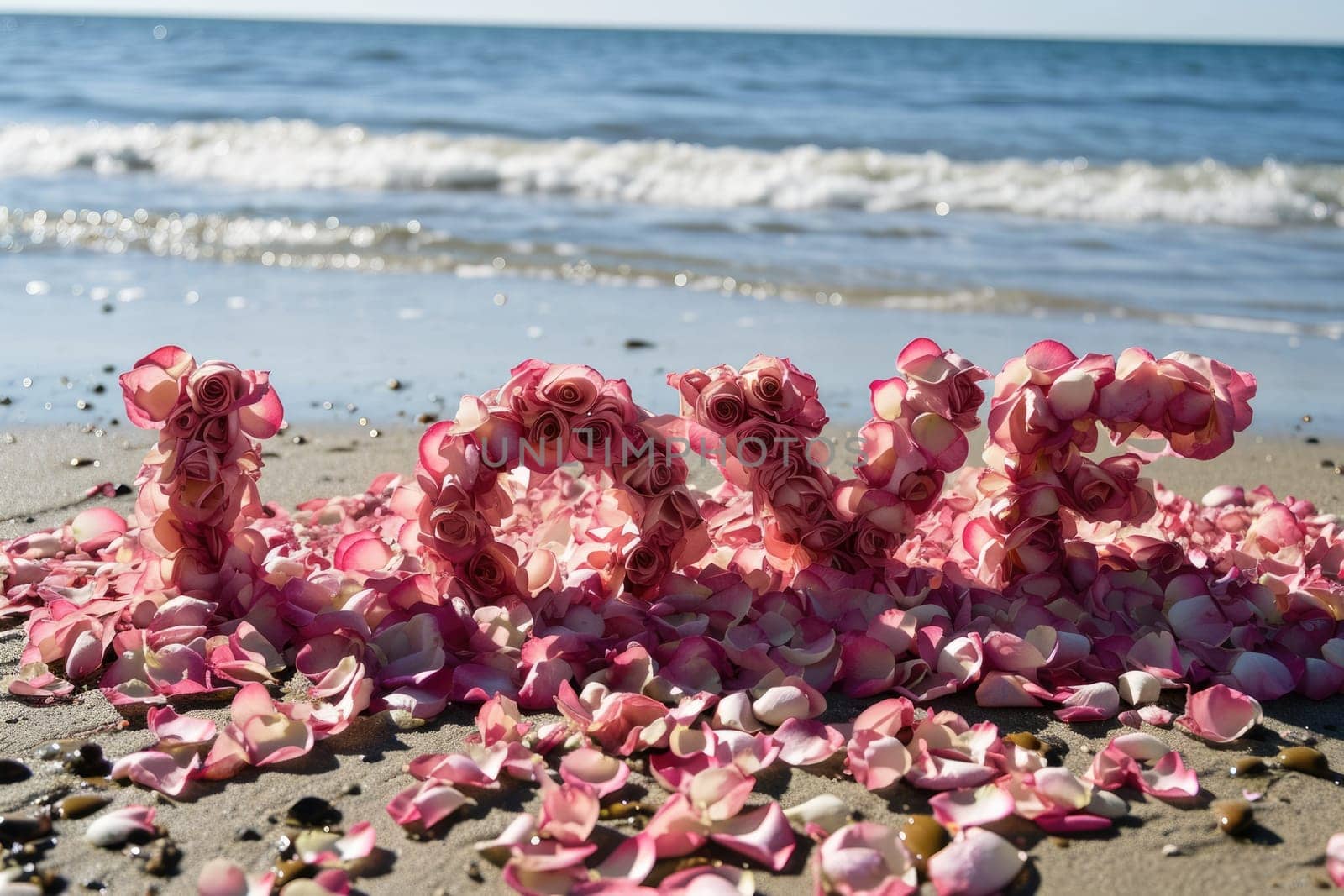 romantic beach of love rose petals on the coastline wide view pragma