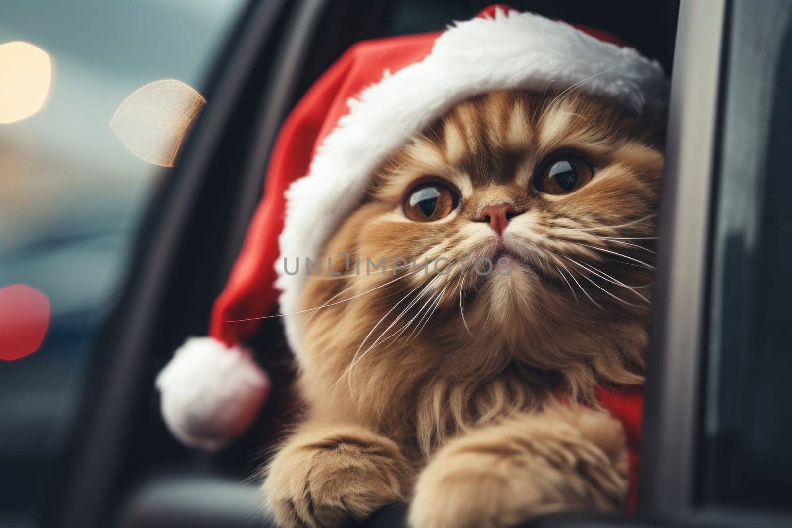 Cute cat in a Santa Claus costume Christmas blurred bokeh lights. Generative AI by golfmerrymaker