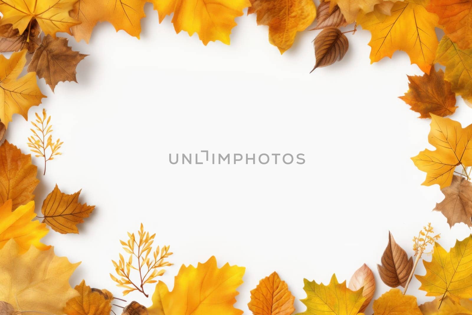 Autumn leaves on a white background With space for text. Generative AI by golfmerrymaker