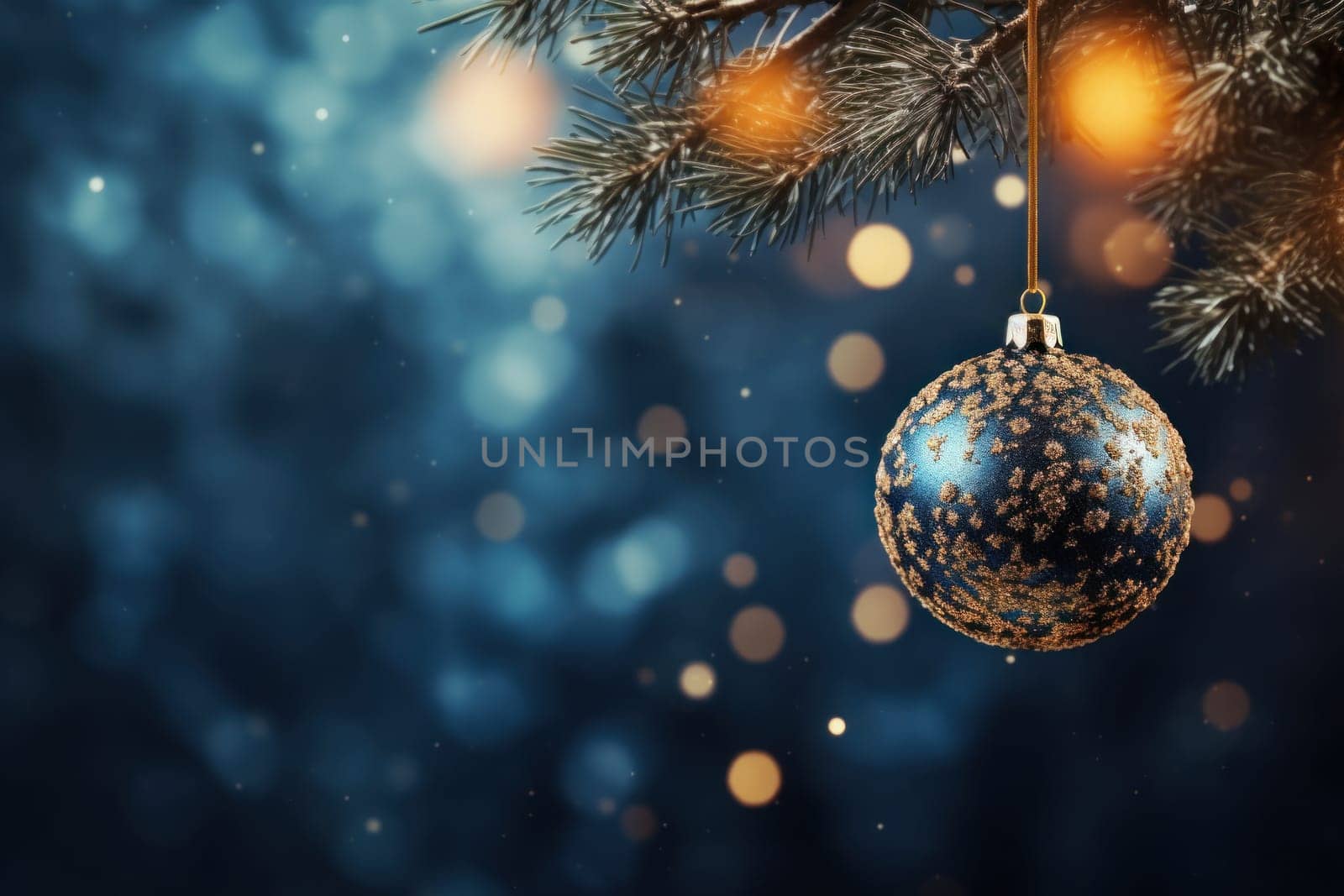 Christmas Tree In Ball Hanging Fir Branch With Golden Glittering On Blue Abstract Night. Generative AI.