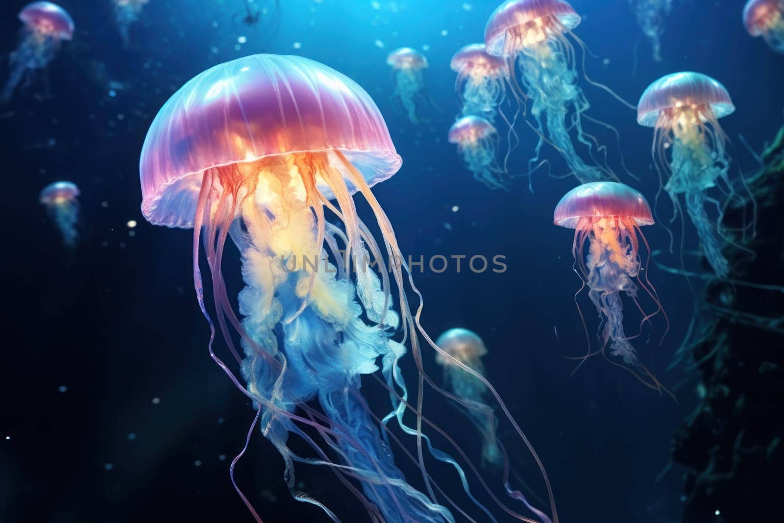 Jellyfish swimming under sea pastel blue background. Generative AI by golfmerrymaker