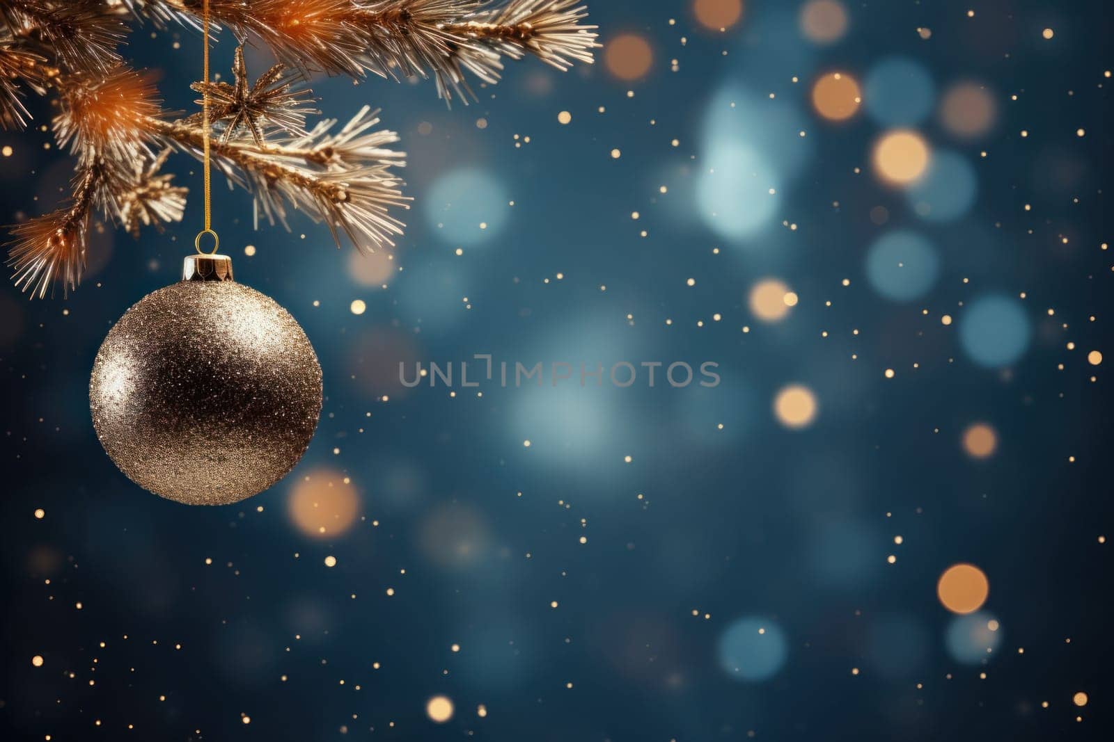 Christmas Tree In Ball Hanging Fir Branch With Golden Glittering On Blue Abstract Night. Generative AI.