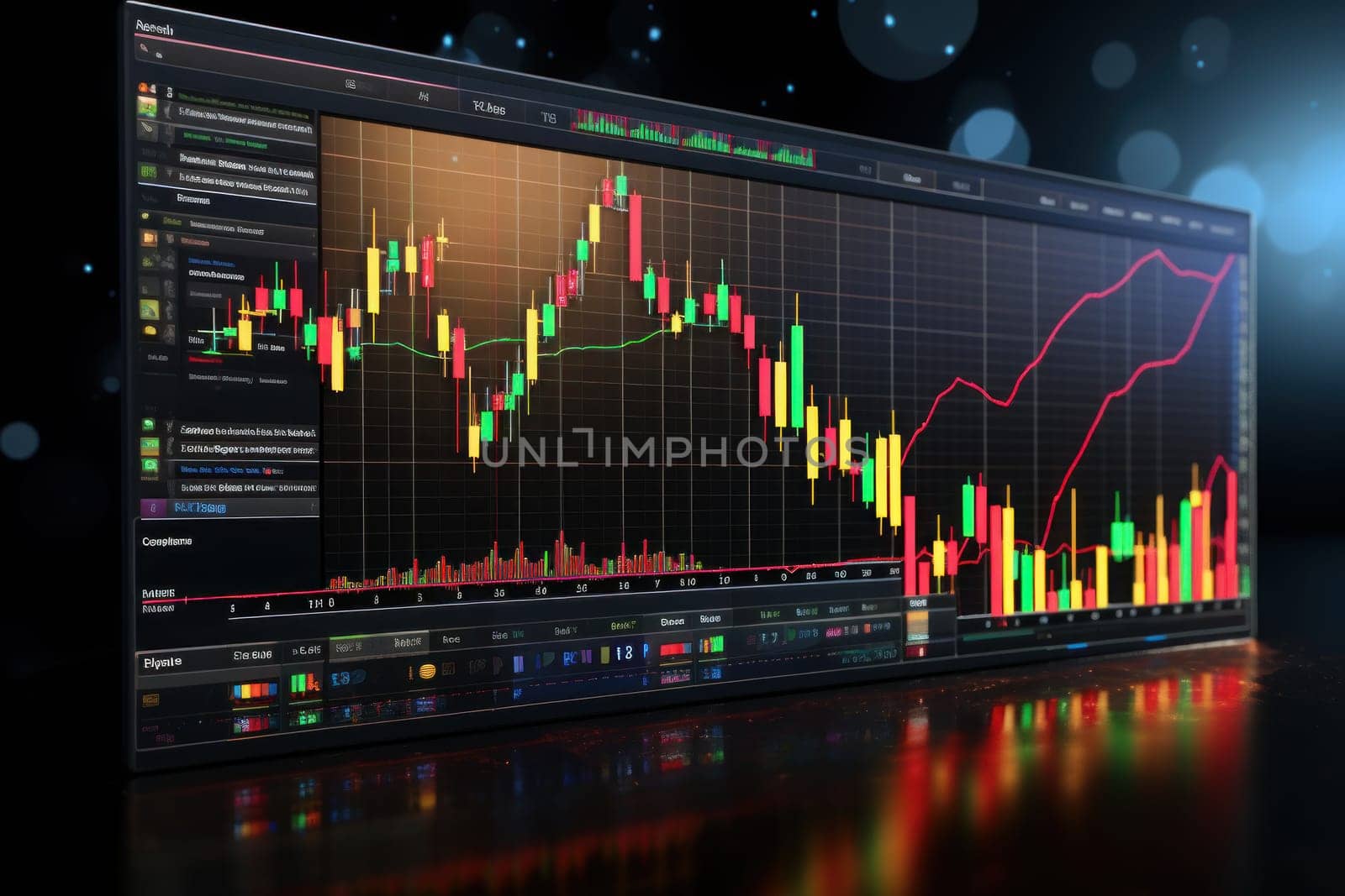 Business stock market, trading, info graphic shown on monitor display screen. Generative AI.