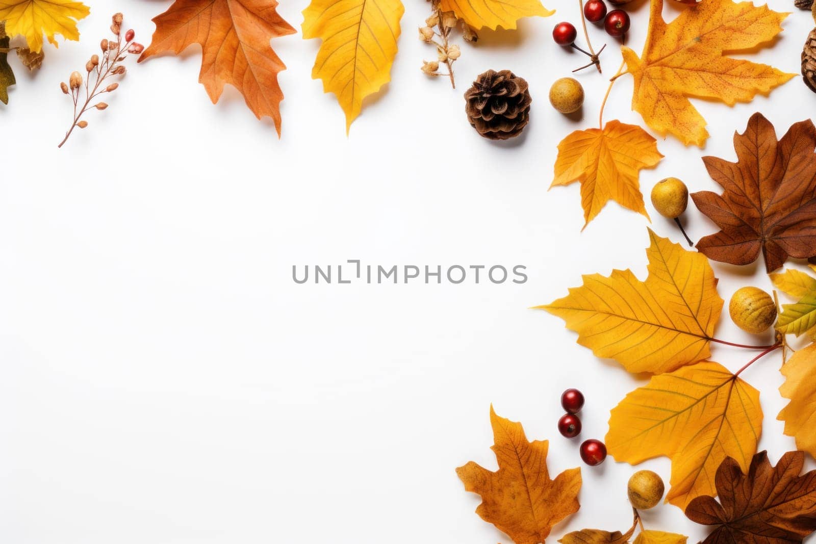 Autumn leaves on a white background With space for text. Generative AI by golfmerrymaker