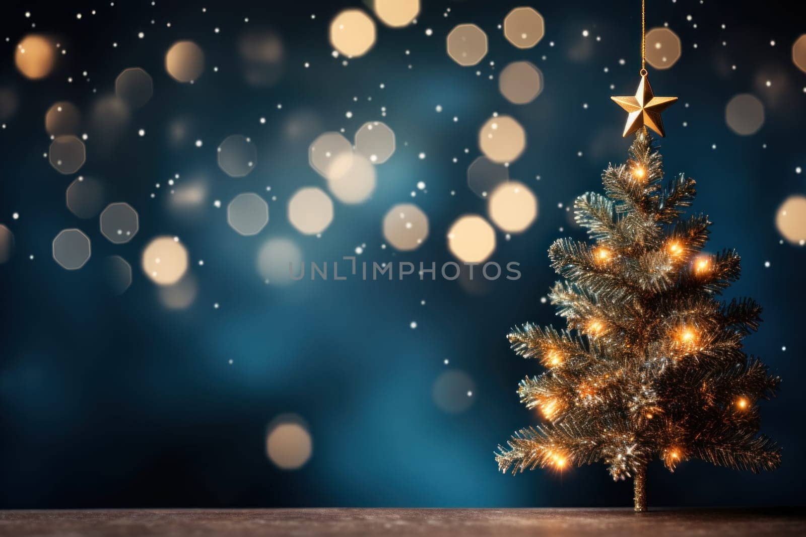 Christmas Tree In Ball Hanging Fir Branch With Golden Glittering On Blue Abstract Night. Generative AI by golfmerrymaker