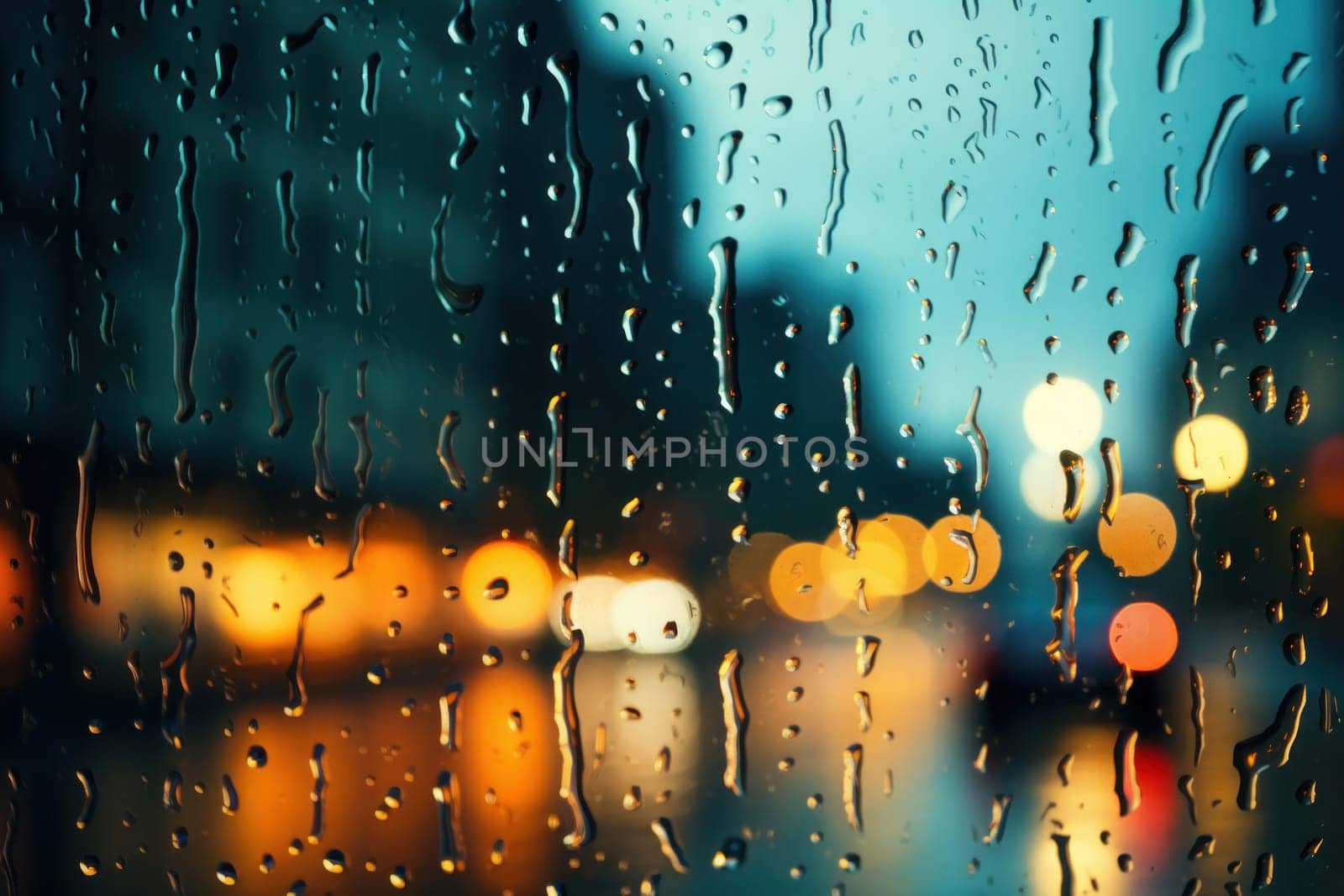 Image of a night street full of rain on a window, water drops. Generative AI by golfmerrymaker