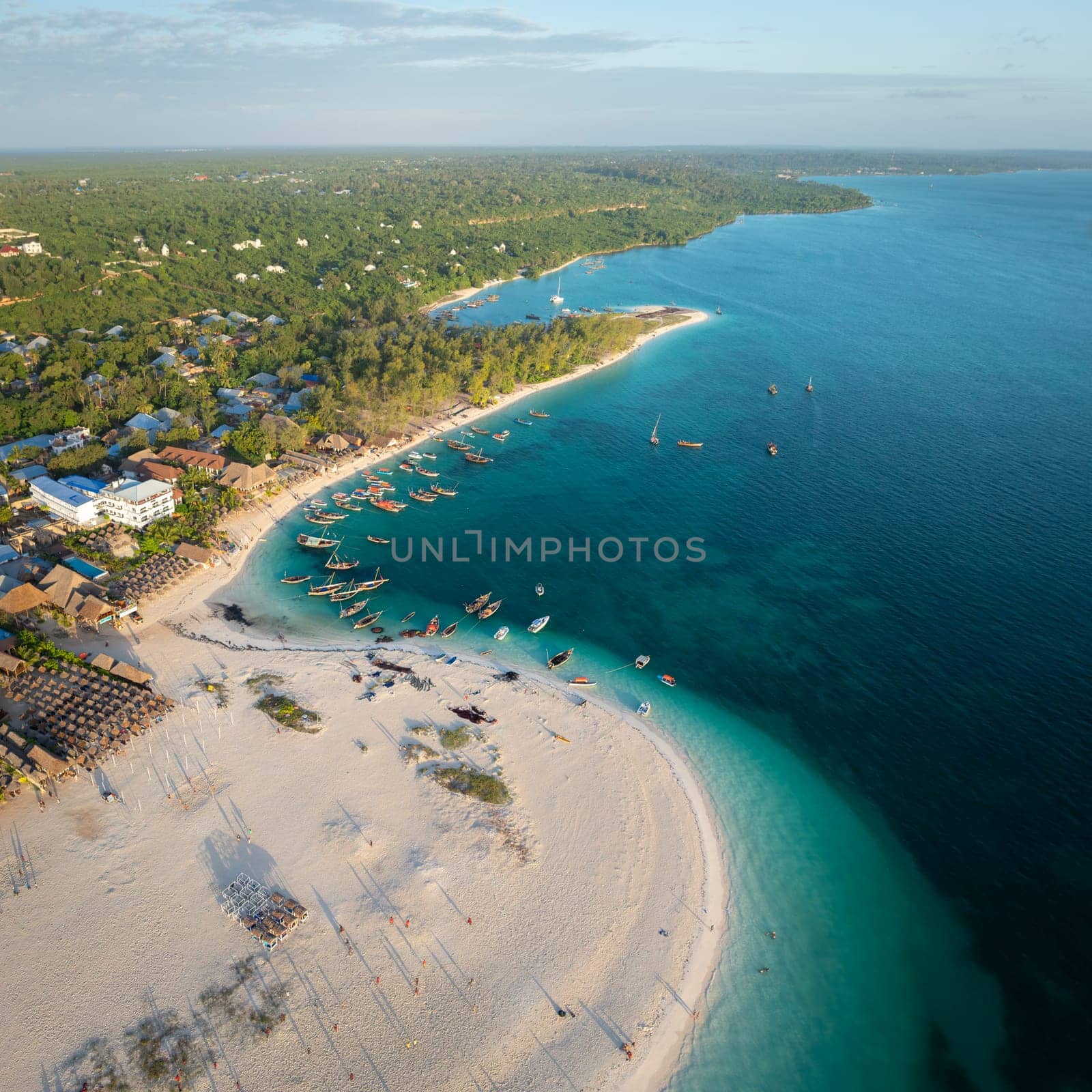 Zanzibar panorama of the fishing boats on tropical sea coast with sandy beach by Robertobinetti70