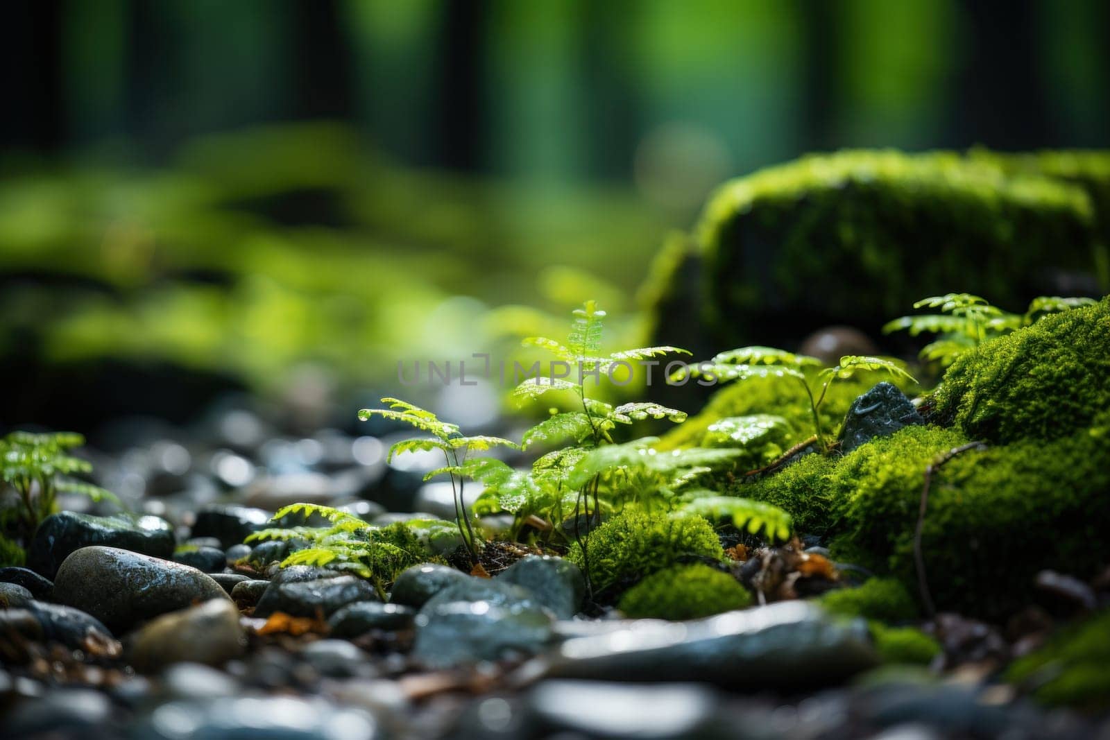 Beautiful Bright Green on the floor in the forest. Generative AI.