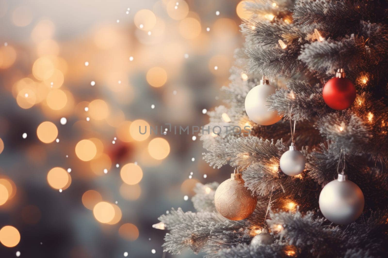 Christmas winter blurred background. Xmas tree with snow. Generative AI by golfmerrymaker