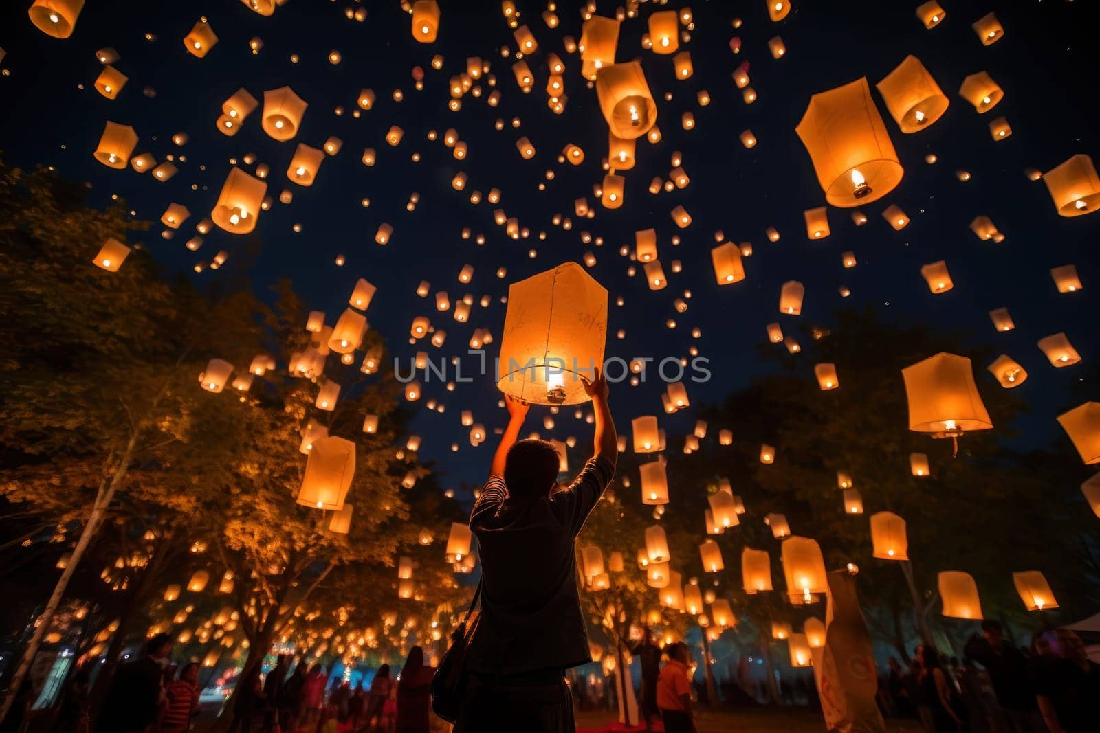 People holding floating lanterns during Yee Peng Festival. Generative AI.