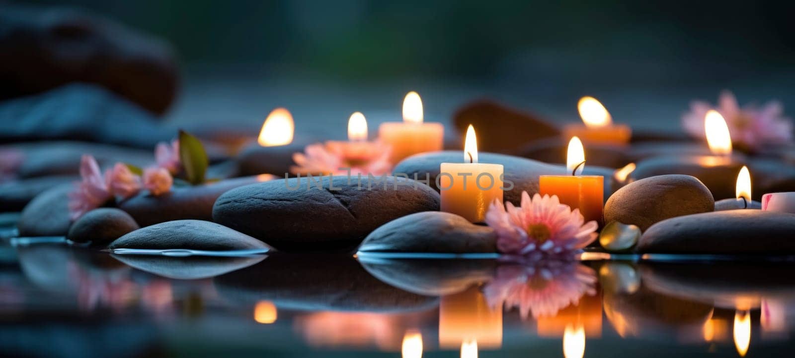 A serene spa ambiance with glowing candles, smooth stones, and delicate pink flowers reflected on water for a tranquil and meditative atmosphere.