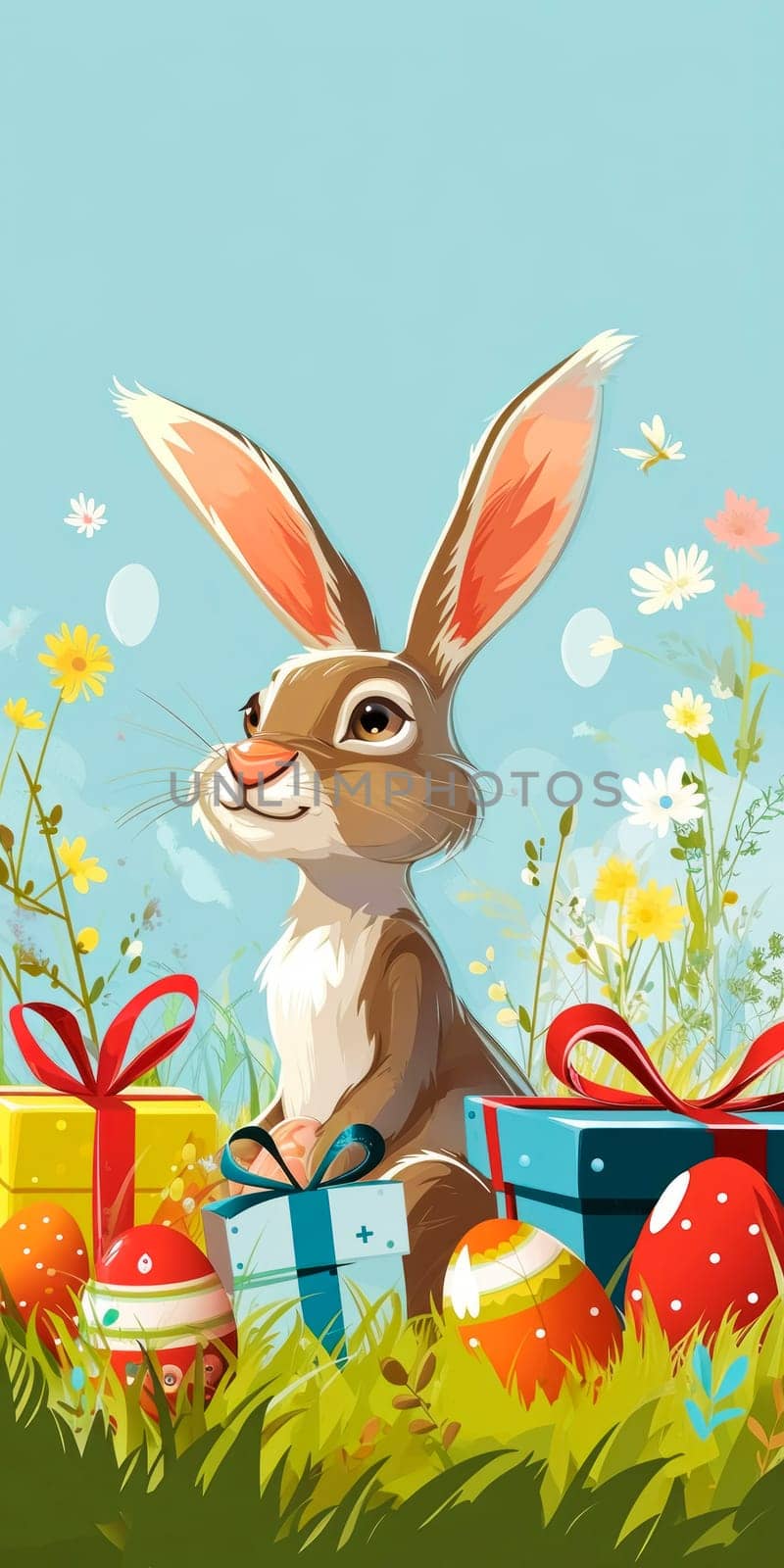 A vibrant Easter setting featuring a whimsical bunny among blooming flowers, colorful eggs, and gifts, with butterflies under a clear blue sky.