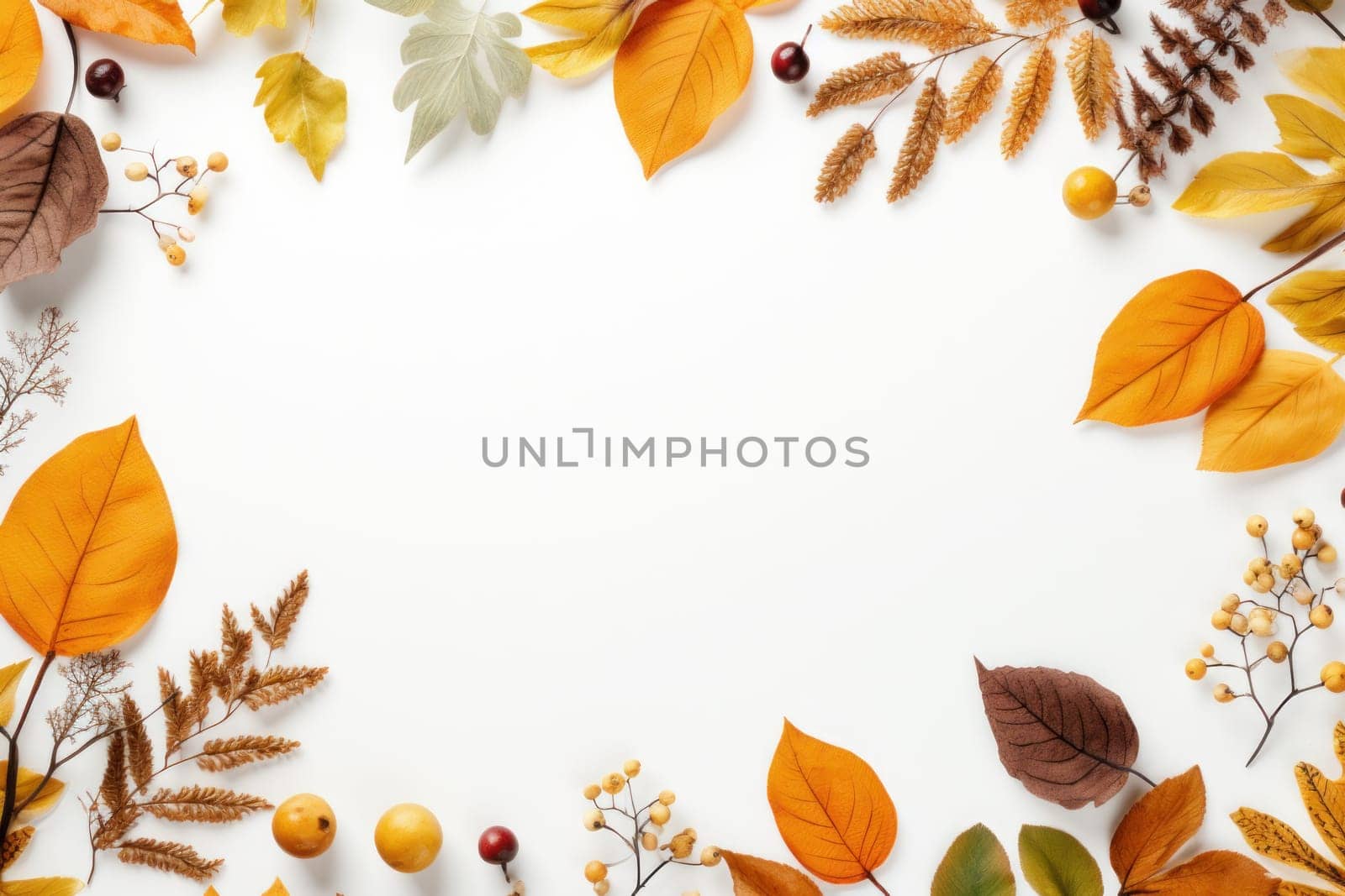 Autumn leaves on a white background With space for text. Generative AI.