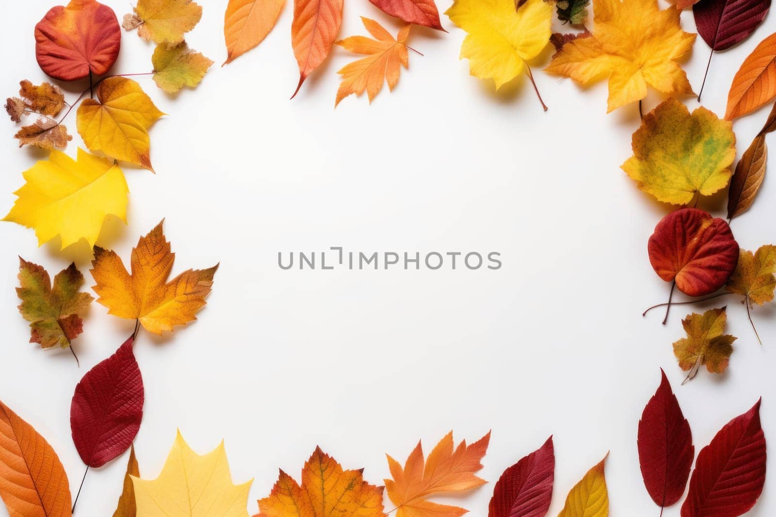 Autumn leaves on a white background With space for text. Generative AI by golfmerrymaker