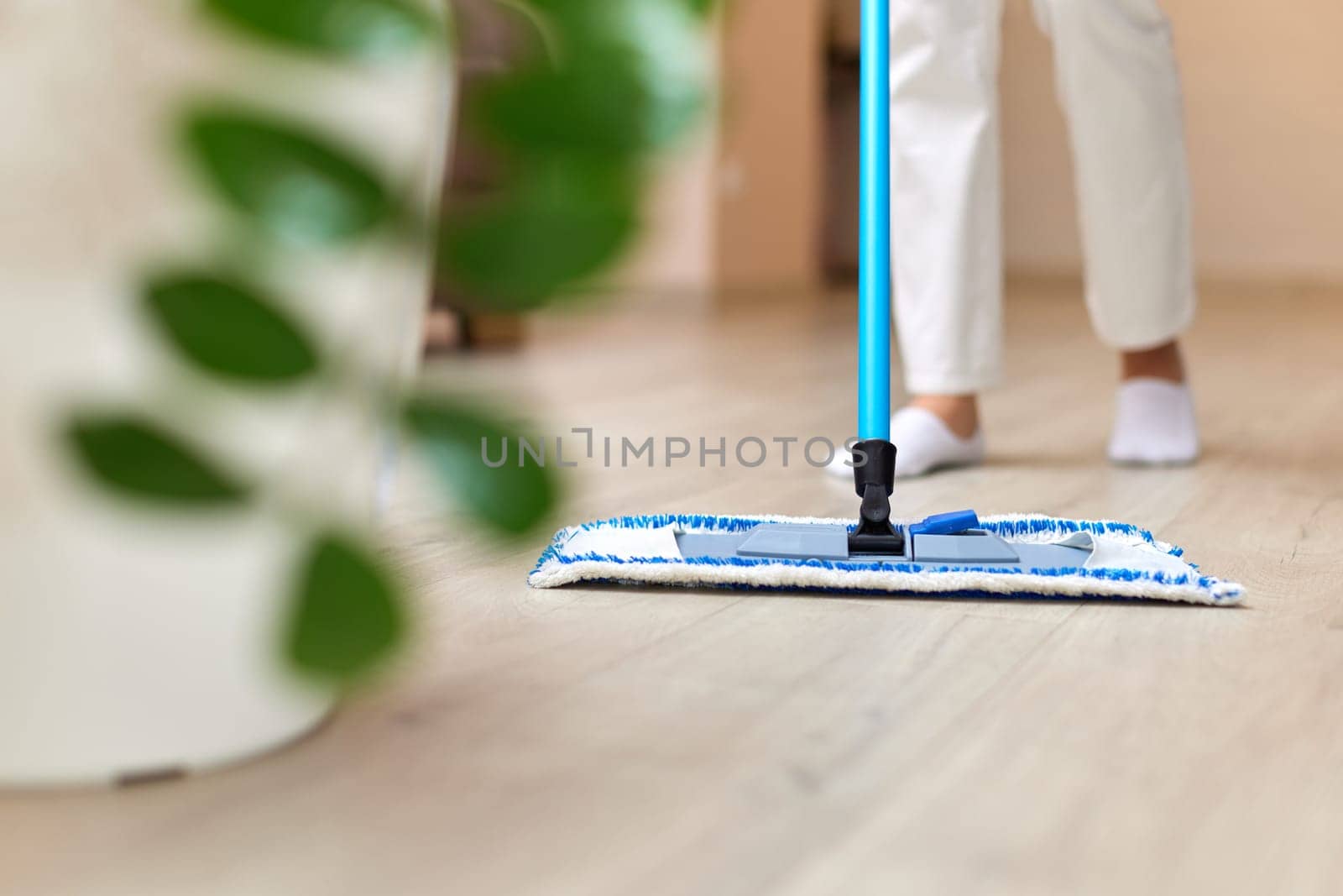 young woman cleaning and mopping floor at living room, daily housekeeping , close-up
