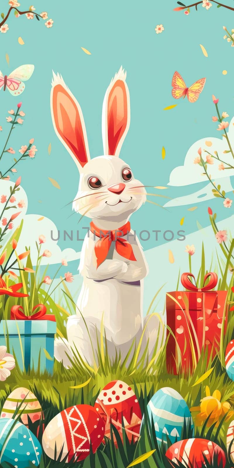 A whimsical Easter illustration featuring a white bunny with a bright orange bow, standing in a blooming spring field with gifts and a variety of patterned Easter eggs