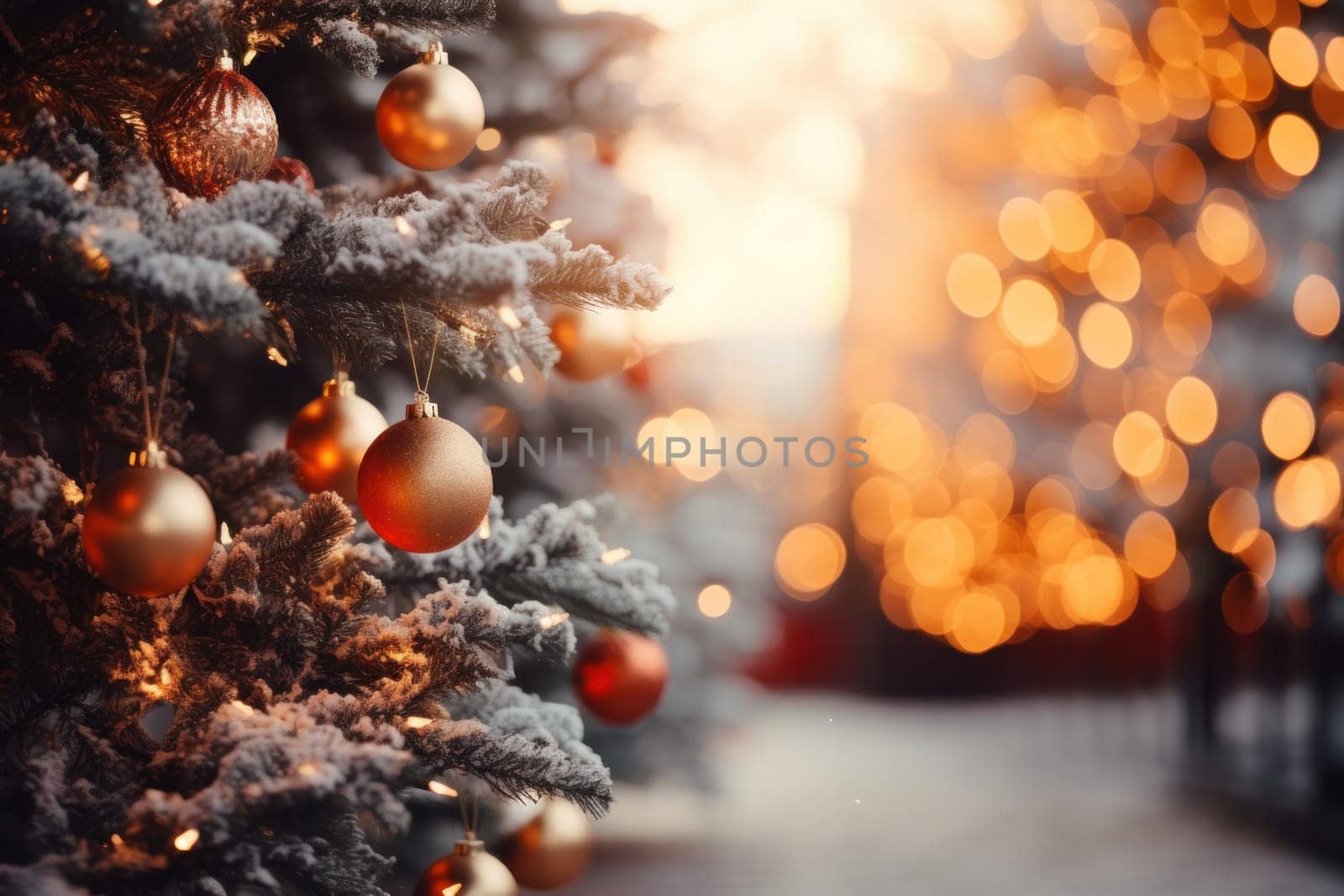 Christmas winter blurred background. Xmas tree with snow. Generative AI by golfmerrymaker