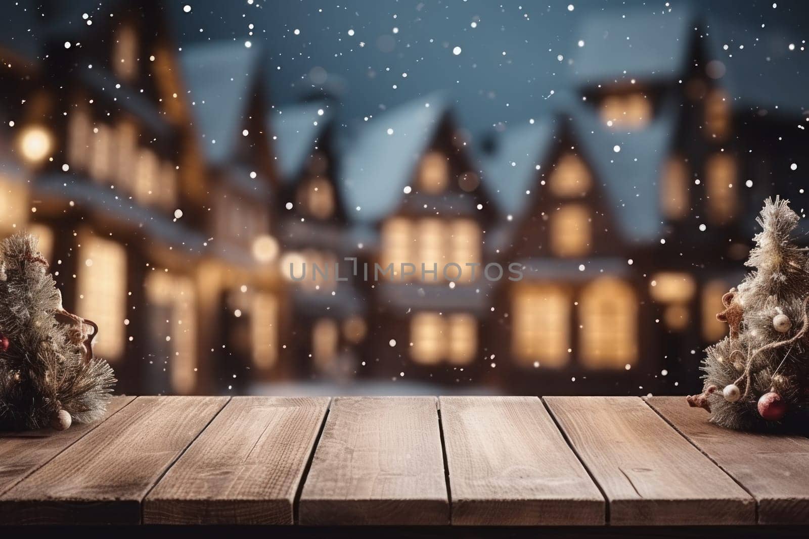 Wooden table, empty space with illuminated Christmas town square in vintage style. Generative AI by golfmerrymaker