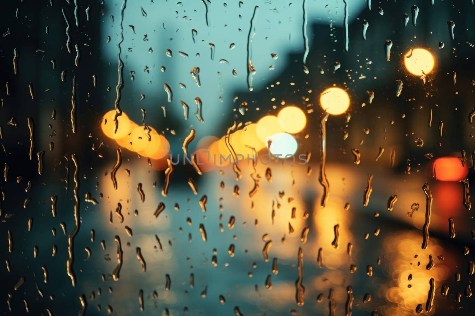 Image of a night street full of rain on a window, water drops. Generative AI by golfmerrymaker