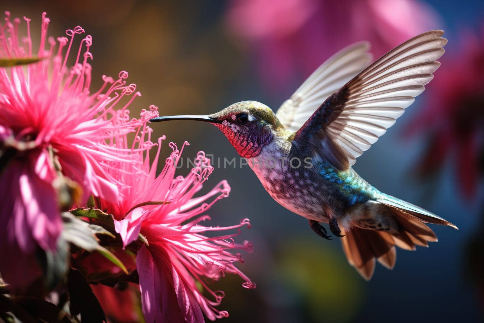 Hummingbird hovering next to flowers. Generative AI by golfmerrymaker