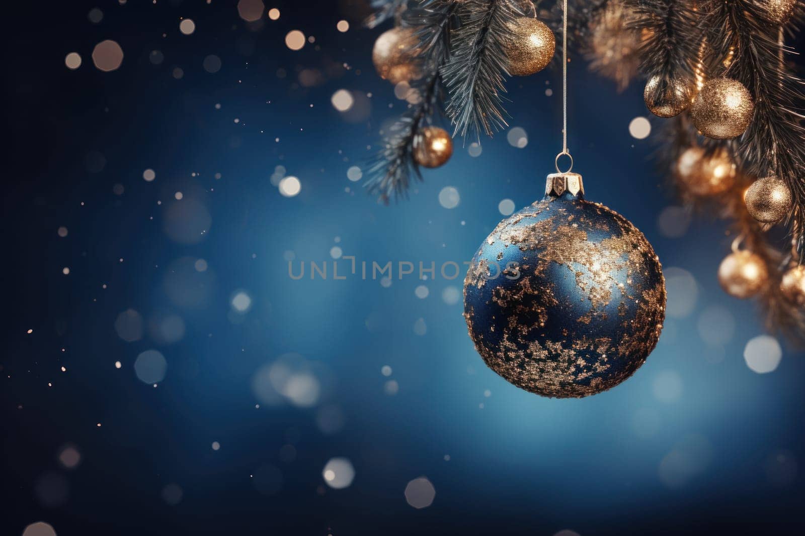 Christmas Tree In Ball Hanging Fir Branch With Golden Glittering On Blue Abstract Night. Generative AI by golfmerrymaker