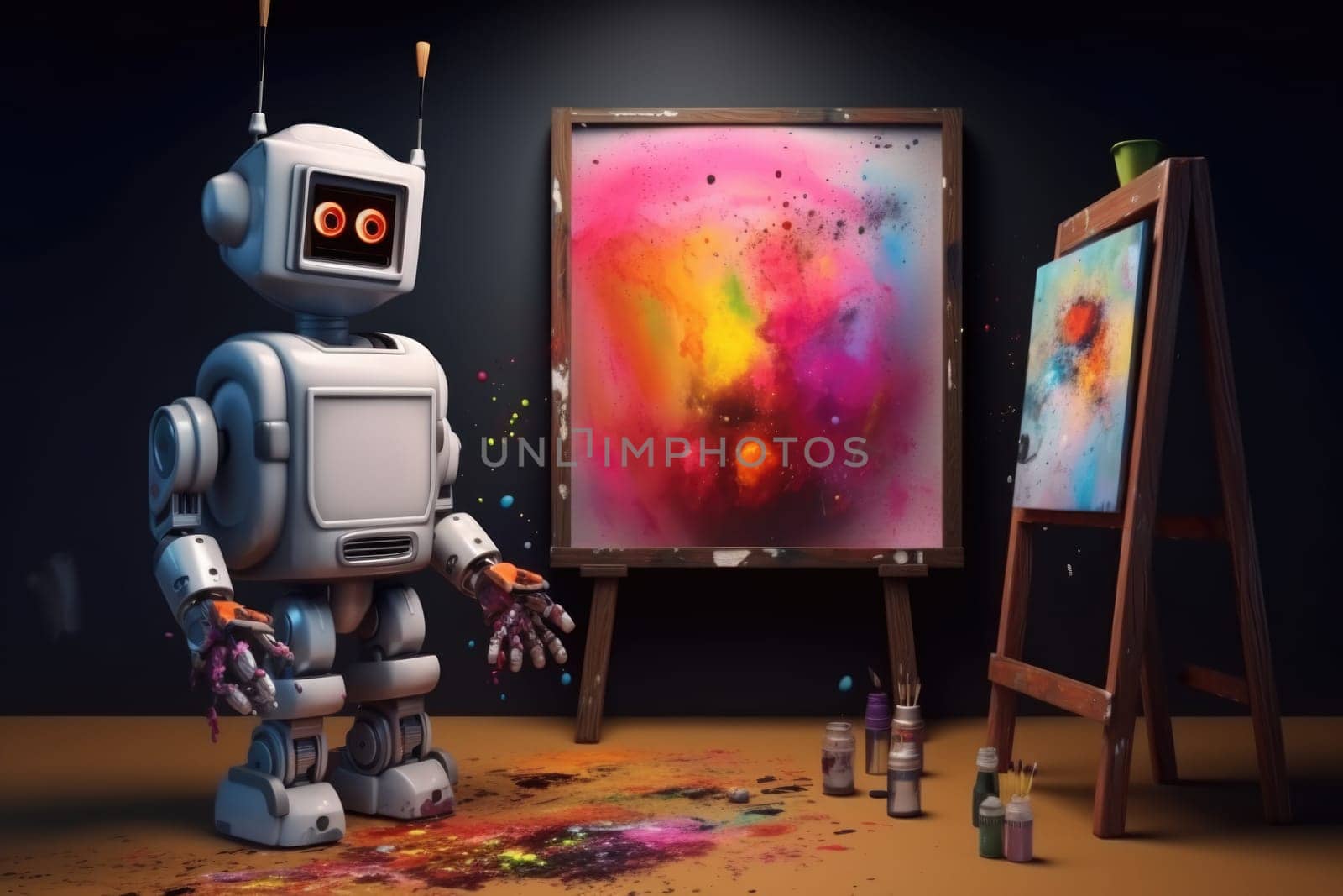 Concept of generative AI art technology, robot painting picture in studio. comeliness