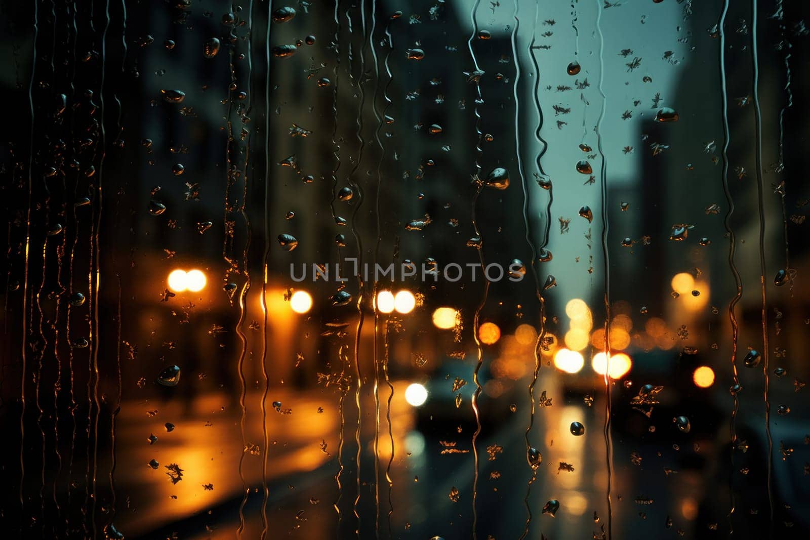 Image of a night street full of rain on a window, water drops. Generative AI.