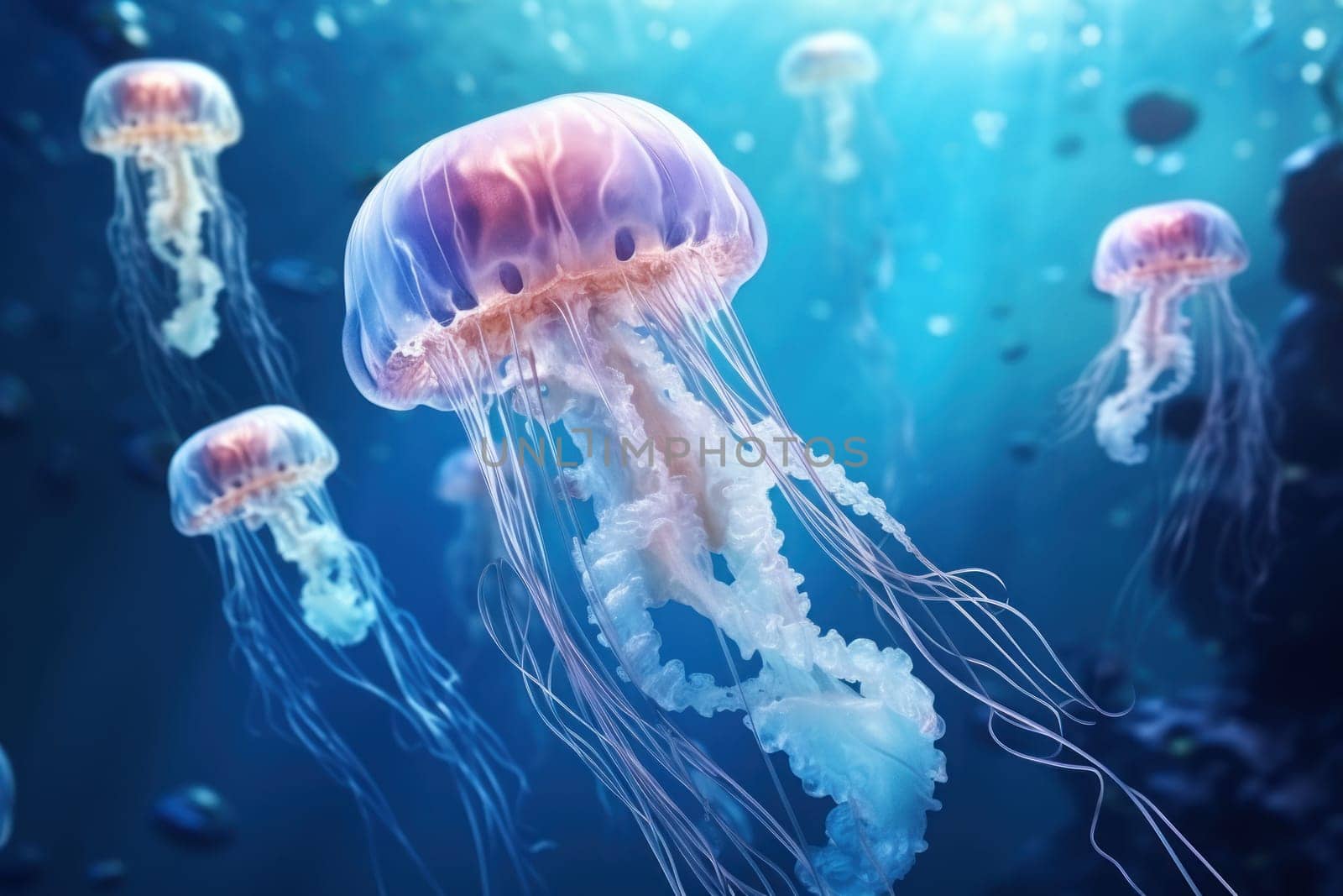 Jellyfish swimming under sea pastel blue background. Generative AI by golfmerrymaker