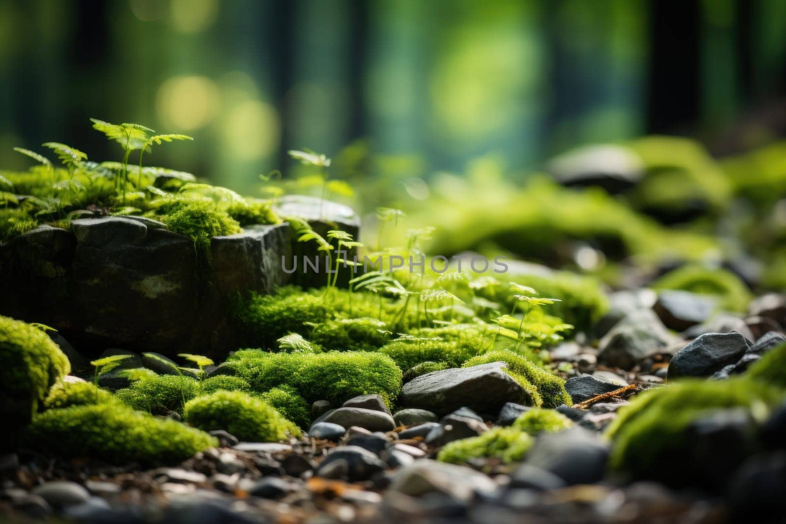 Beautiful Bright Green on the floor in the forest. Generative AI.