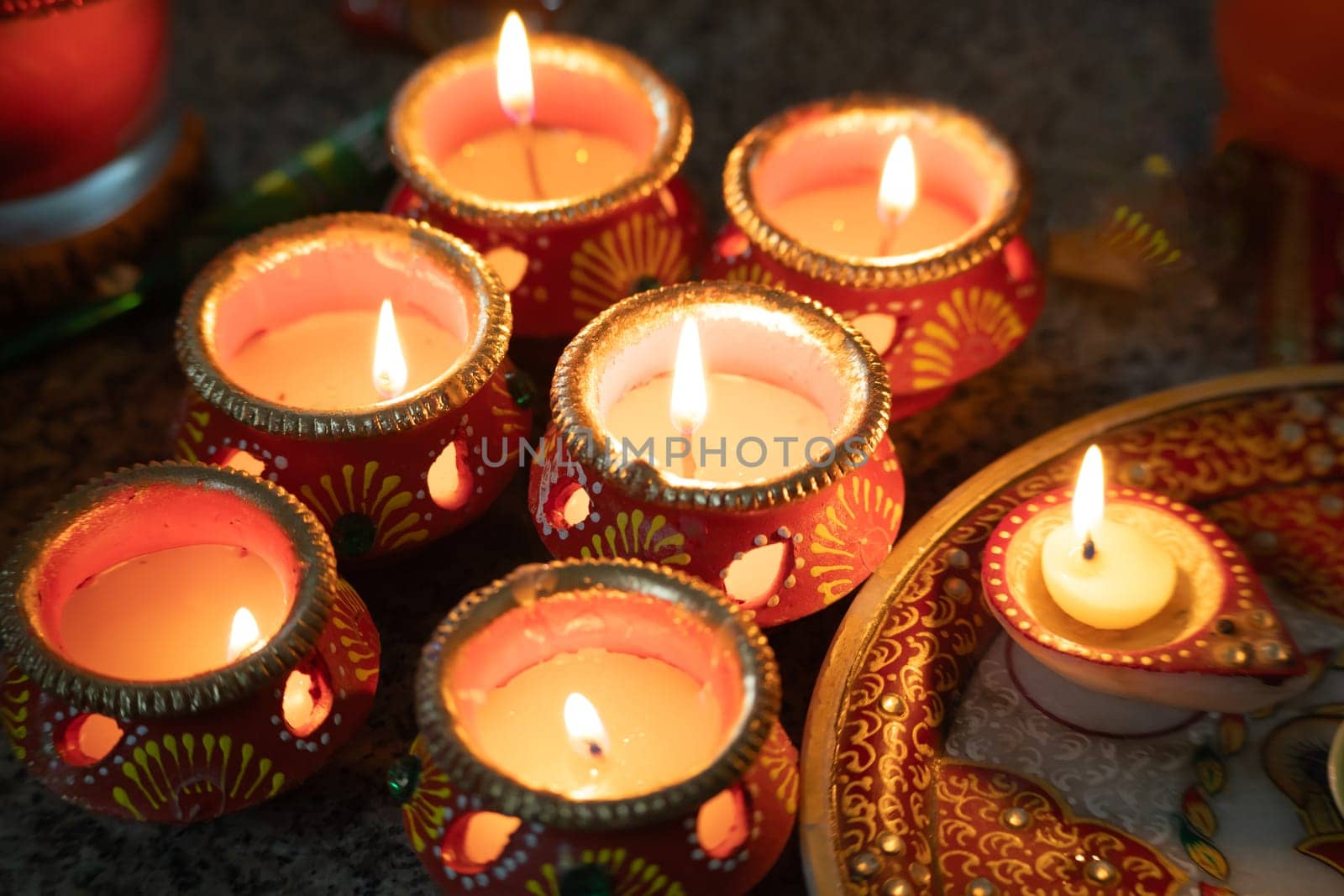 beautifully decorated diyas lit on the eve of diwali and the Ram temple Pran Pratishtha consecration celebrated across India and globally by hindu devotees