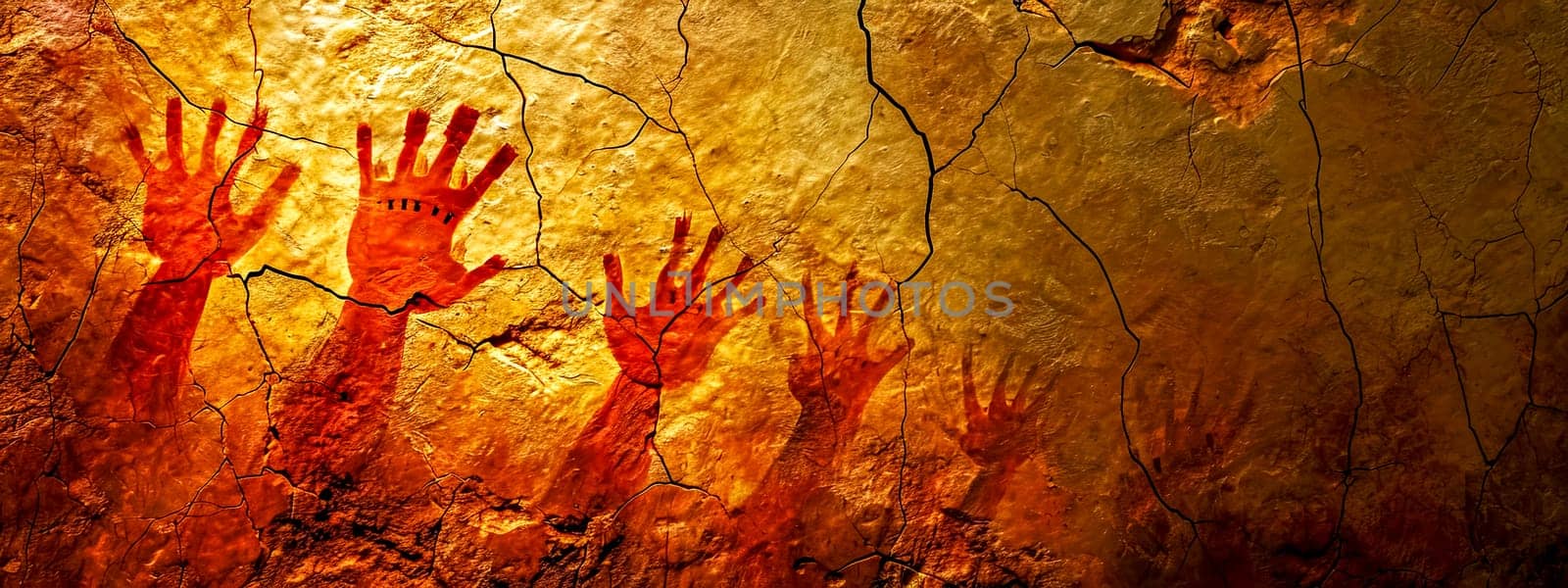 Silhouettes of human hands reaching upwards on a cracked, warm-toned cave wall. copy space