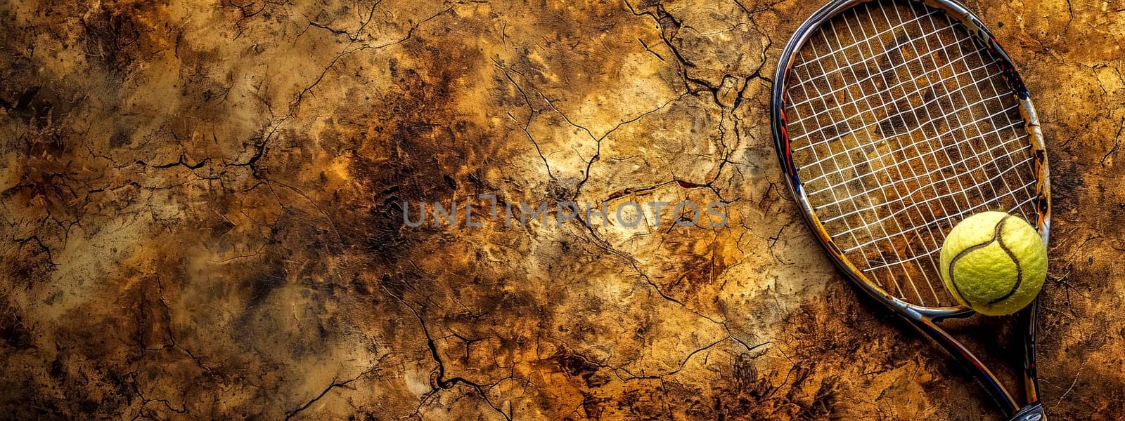 A tennis racket and ball against a cracked, rustic earth-toned background. copy space
