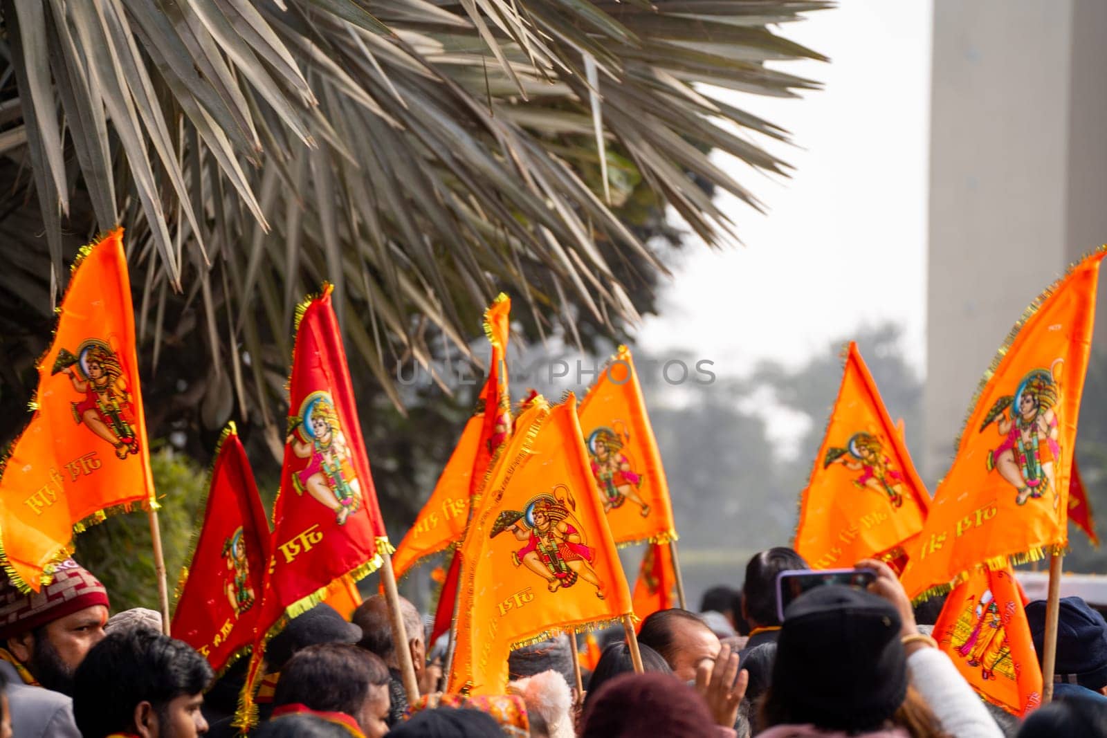 Ayodhya, Uttar Pradesh, India - 22nd Jan 2024: Zoomed in shot showing group of people carrying bhagwa saffron flag celebrating the Pran Pratishtha consecration of Ram mandir temple massive celebration in India