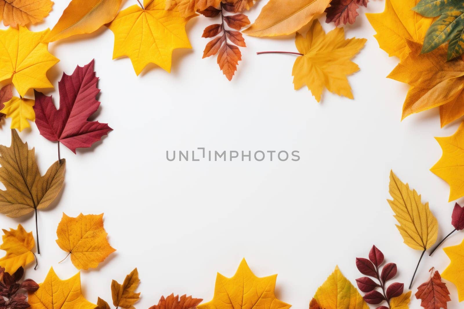 Autumn leaves on a white background With space for text. Generative AI.