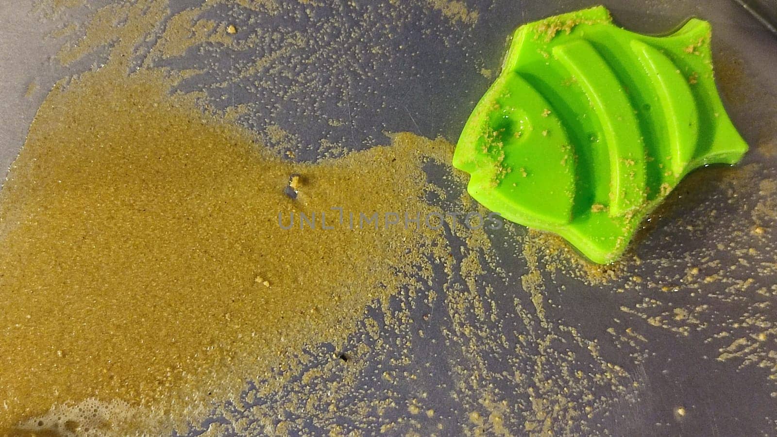 green plastic fish toy in the sand, children's toy, object, beach by Ply