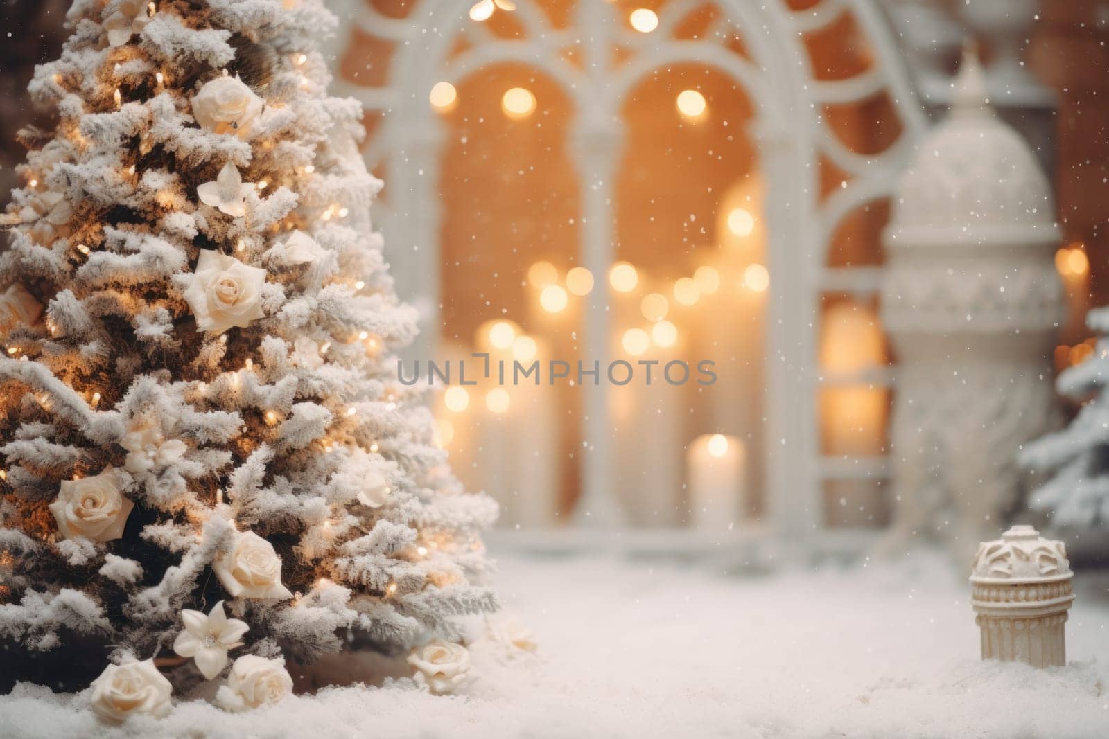 Christmas winter blurred background. Xmas tree with snow. Generative AI by golfmerrymaker