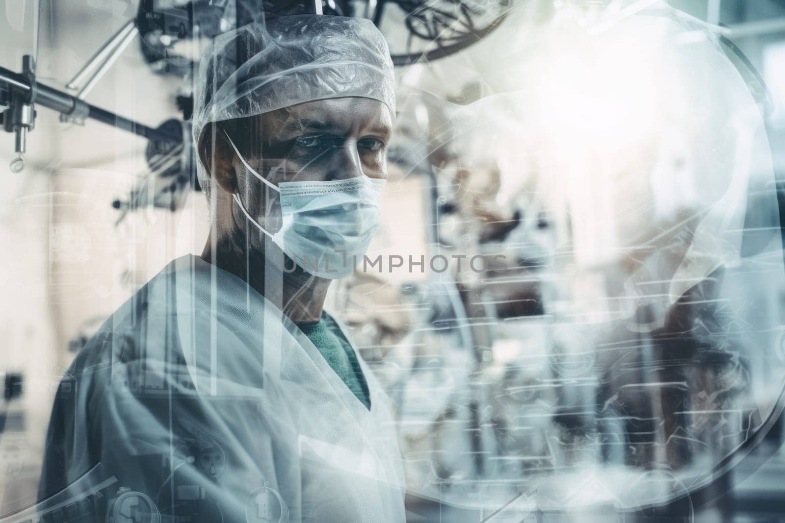 Double exposure photography of closeup doctor and the hospital operating room. Generative AI.