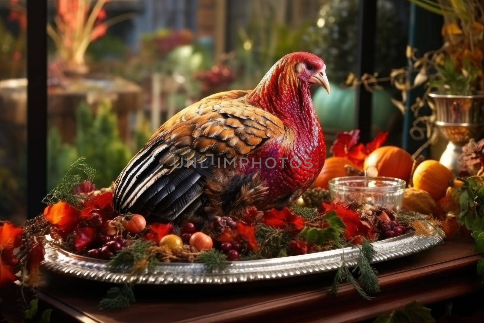 Turkeys for Thanksgiving on a wood table . Generative AI.