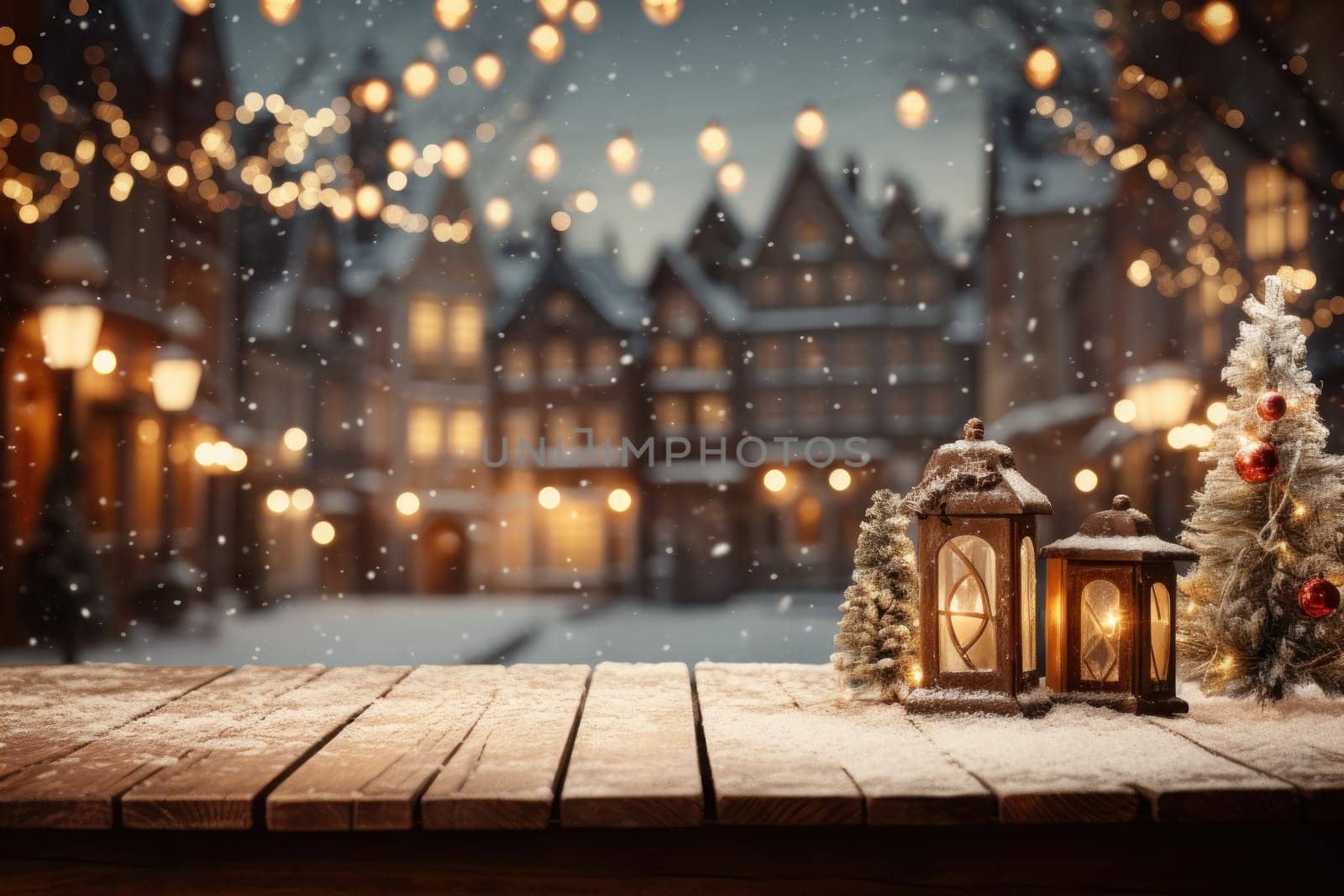 Wooden table, empty space with illuminated Christmas town square in vintage style. Generative AI by golfmerrymaker