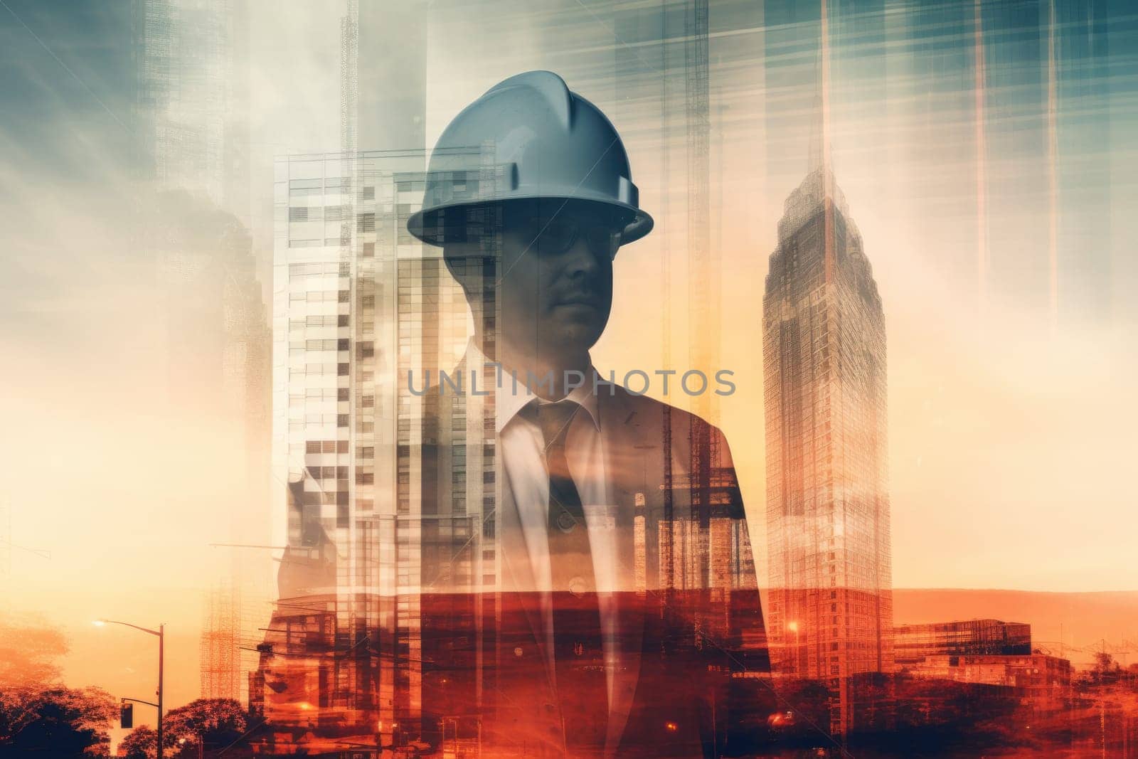 Double exposure photography of an engineer and the sightly skyscraper. Generative AI.